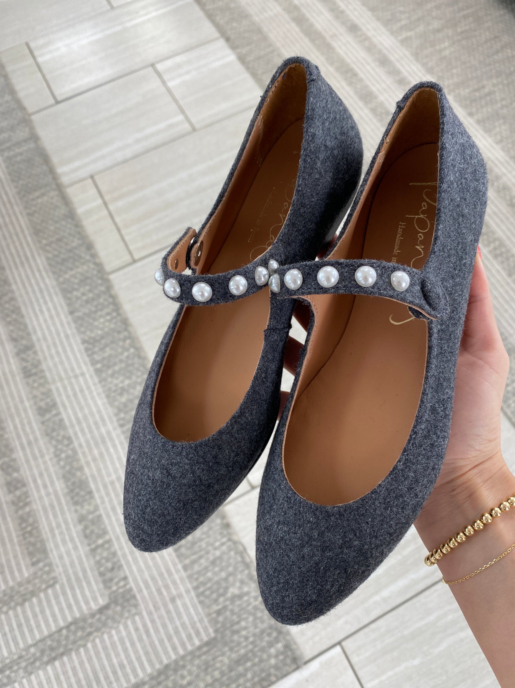 Papanatas Gray Flannel Pearl Pointed Mary Jane-Tassel Children Shoes