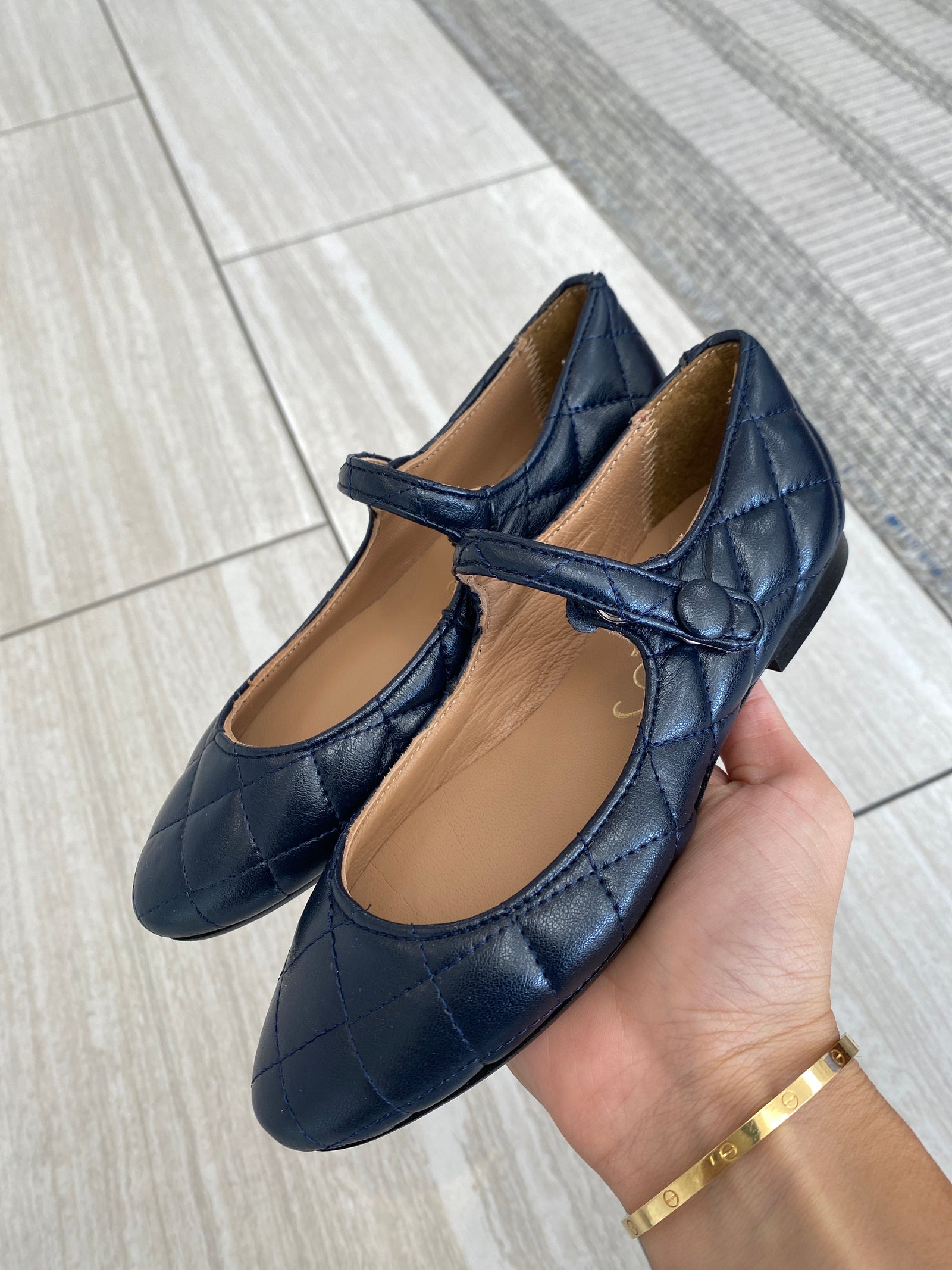 Papanatas Navy Quilted Pointed Mary Jane-Tassel Children Shoes
