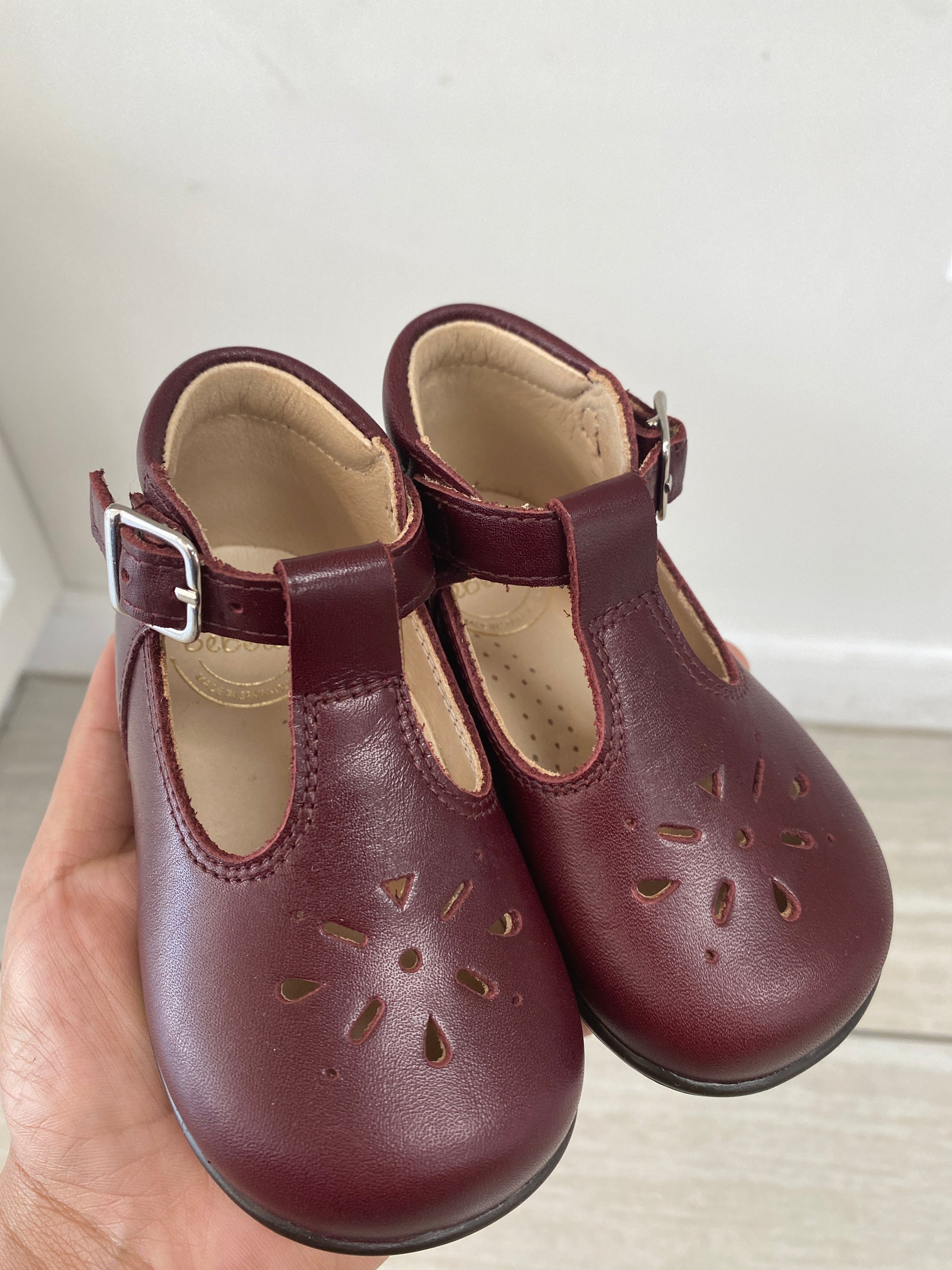 Beberlis Burgundy Shine Perf Baby T Strap-Tassel Children Shoes
