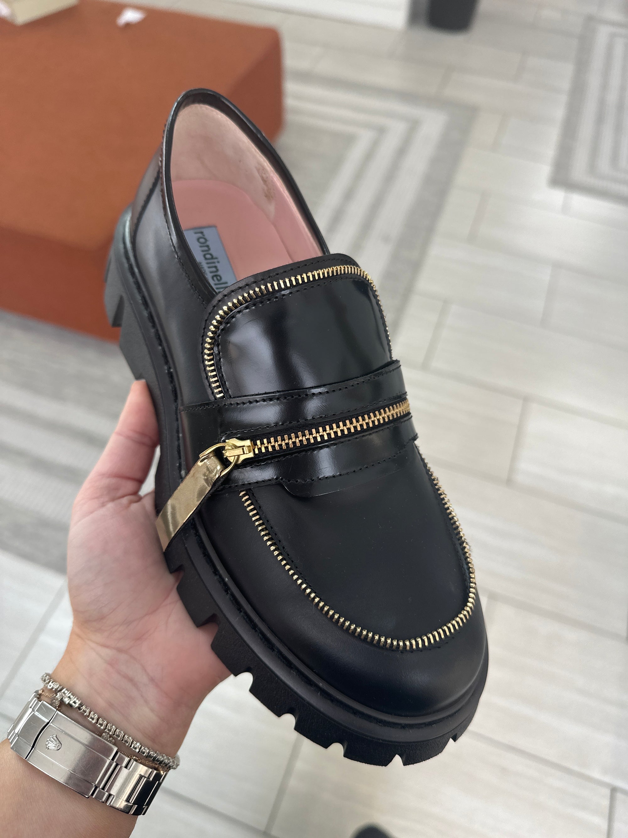 Rondinella Black and Gold Zipper Chunky Loafer-Tassel Children Shoes
