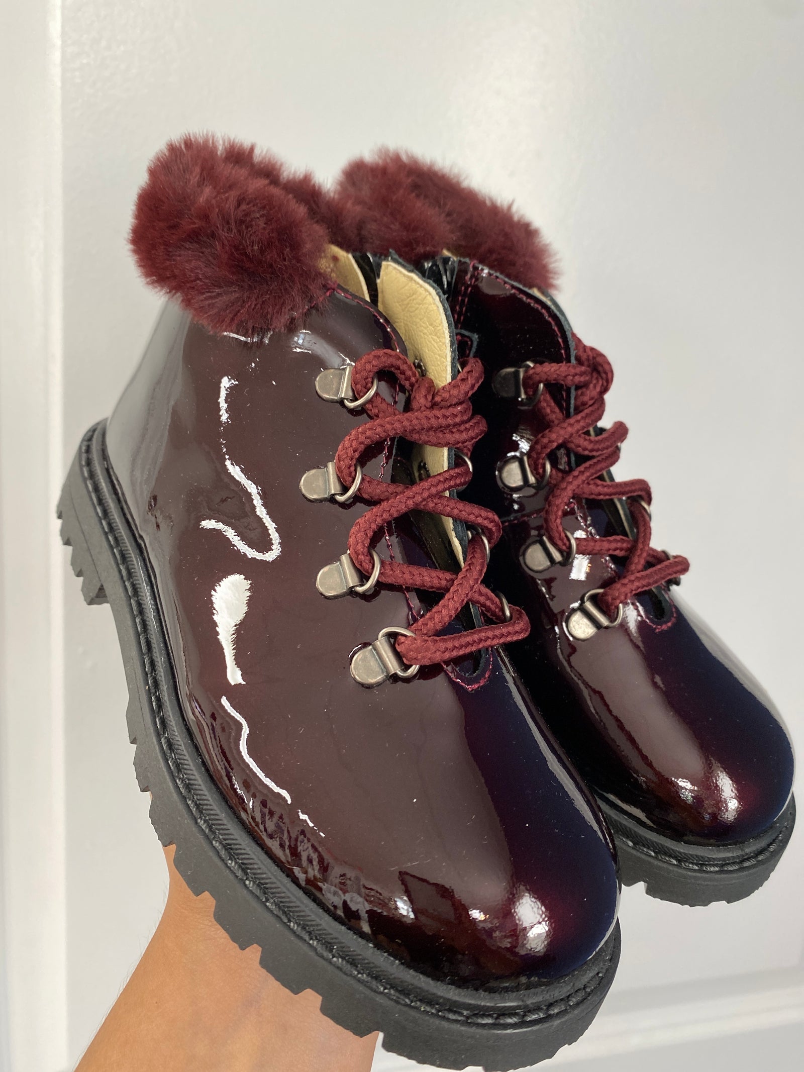 Andanines Burgundy Patent Fur Collar Boot-Tassel Children Shoes