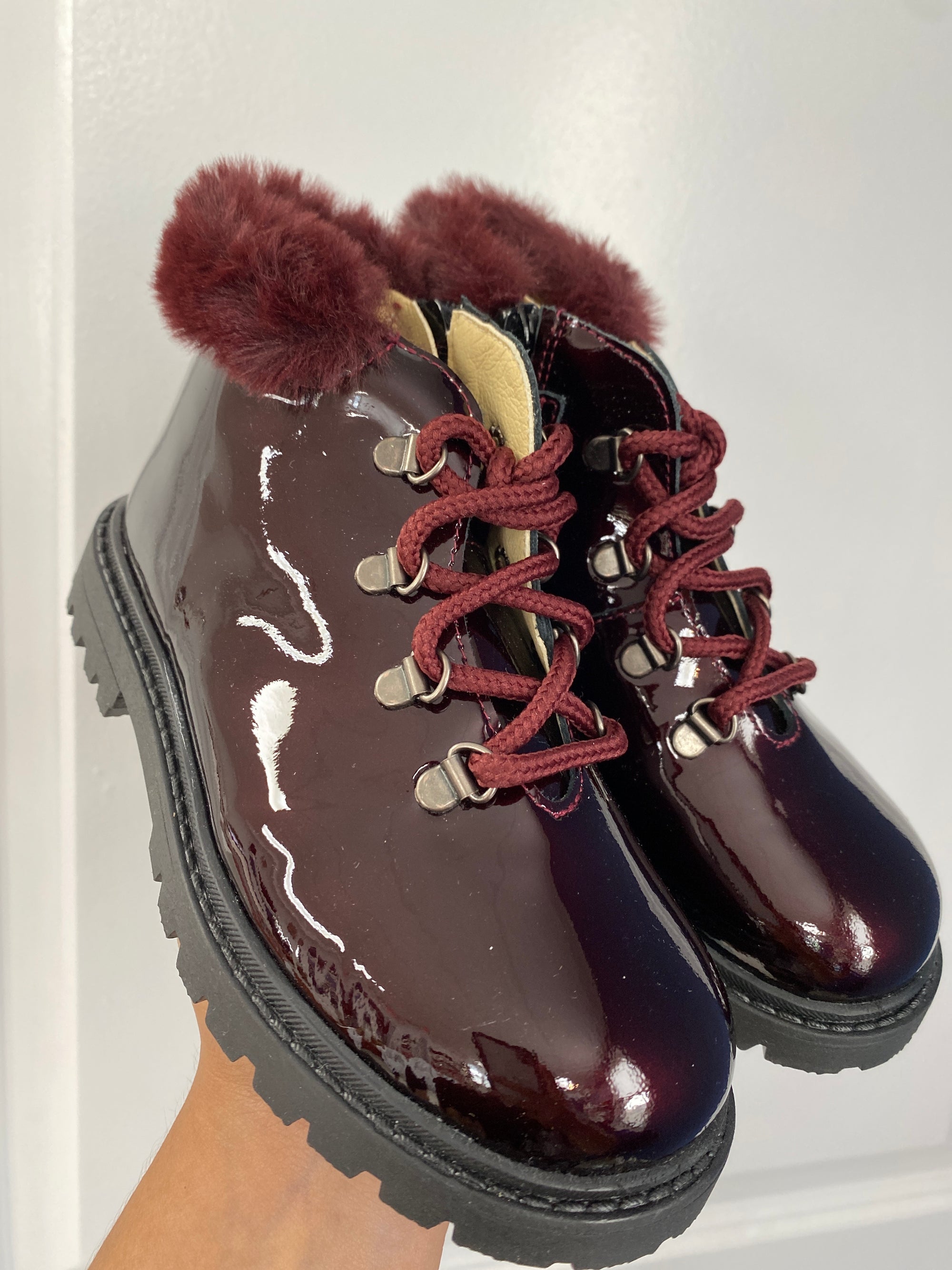 Andanines Burgundy Patent Fur Collar Boot-Tassel Children Shoes