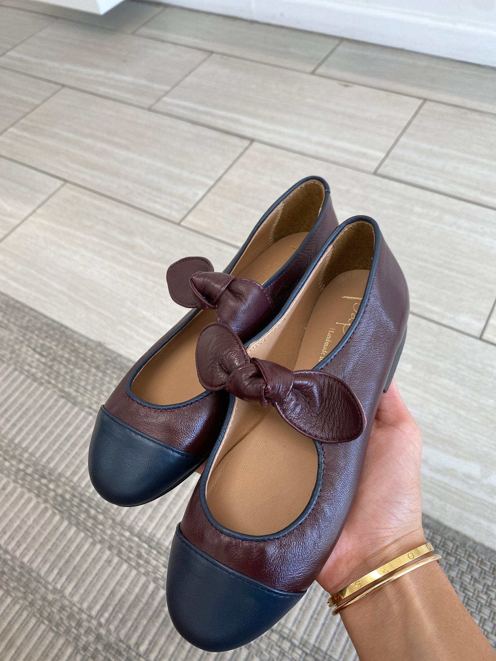 Papanatas Burgundy and Navy Captoe Bow Mary Jane-Tassel Children Shoes