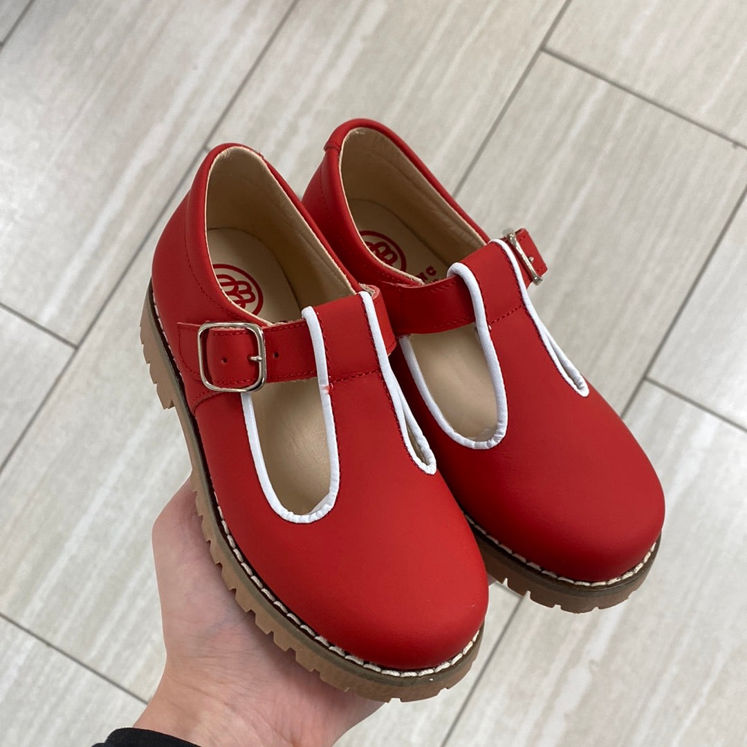 Blublonc Red Gum T Strap Loafer-Tassel Children Shoes