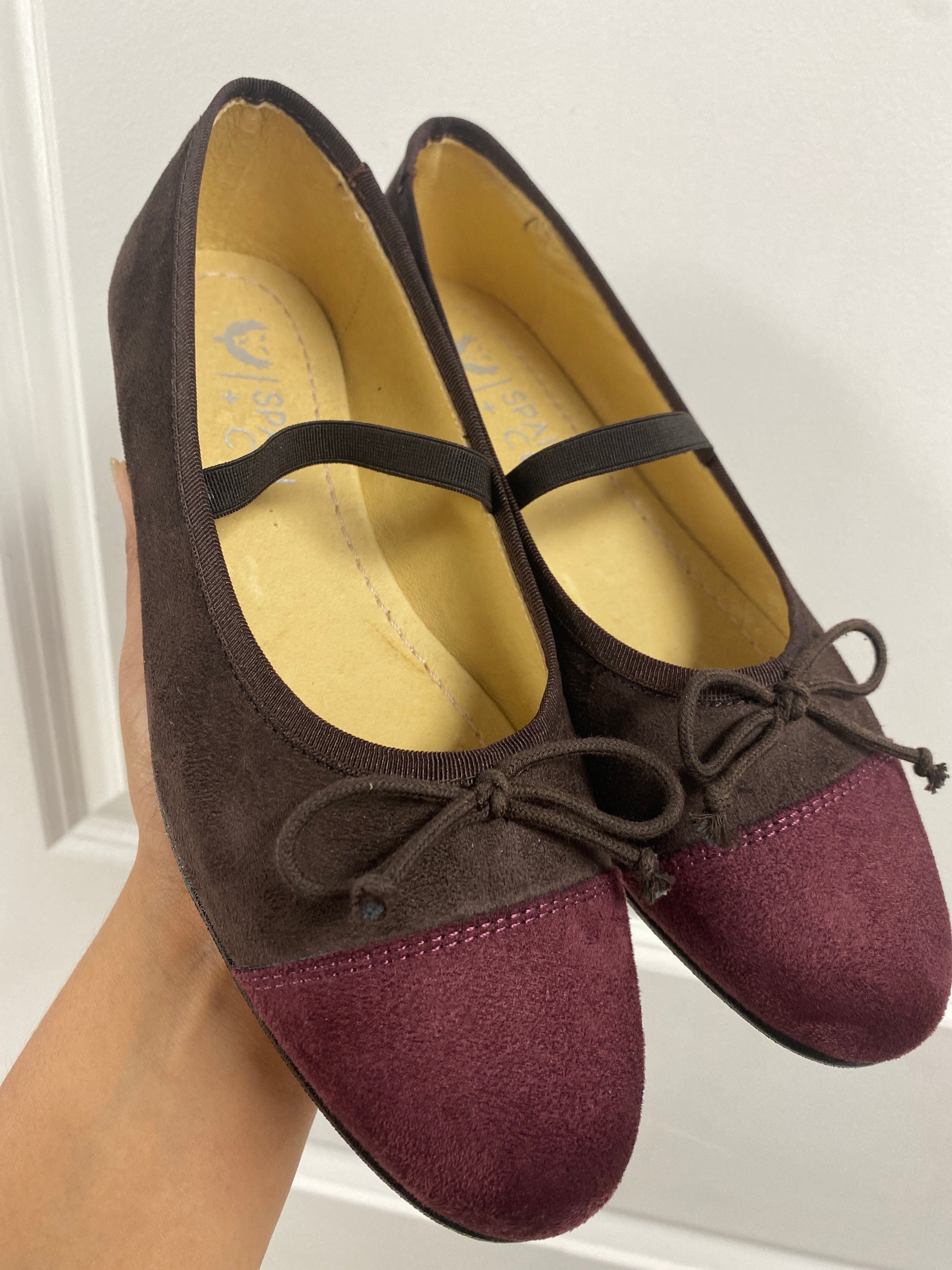 Spain+Co Brown and Burgundy Suede Elastic Bow Flat-Tassel Children Shoes