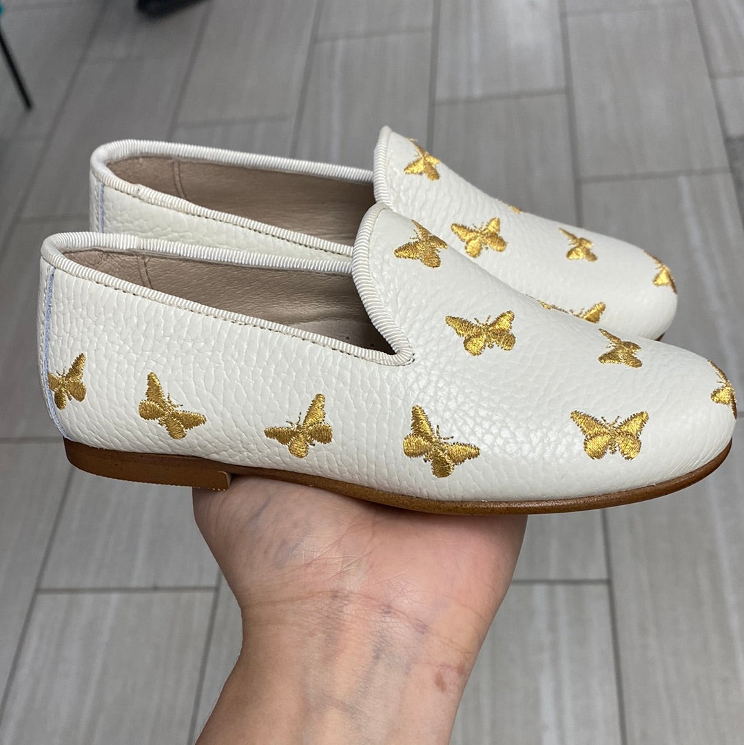 Spain+Co Cream and Gold Butterfly Smoking Loafer-Tassel Children Shoes