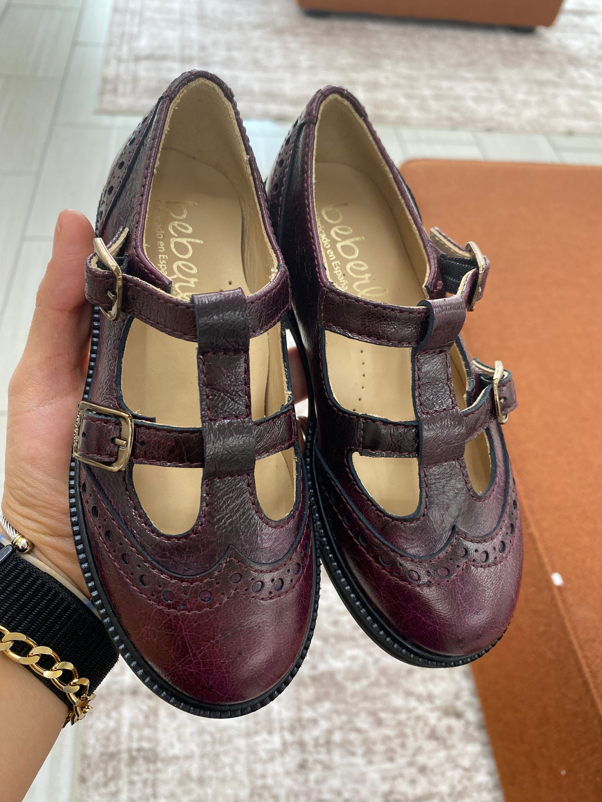 Beberlis Dark Burgundy Double T Strap-Tassel Children Shoes