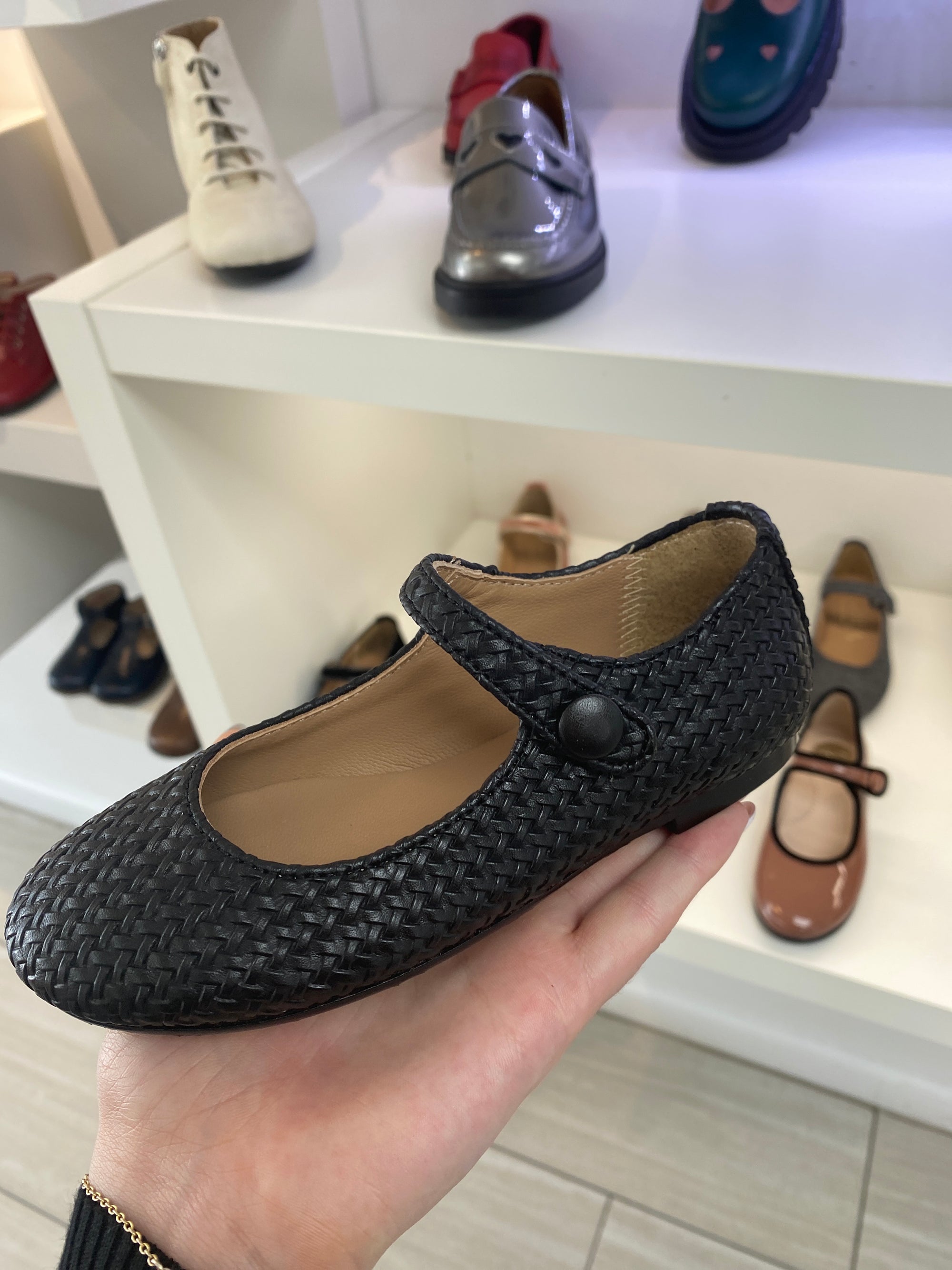 Papanatas Black Leather Weave Mary Jane-Tassel Children Shoes
