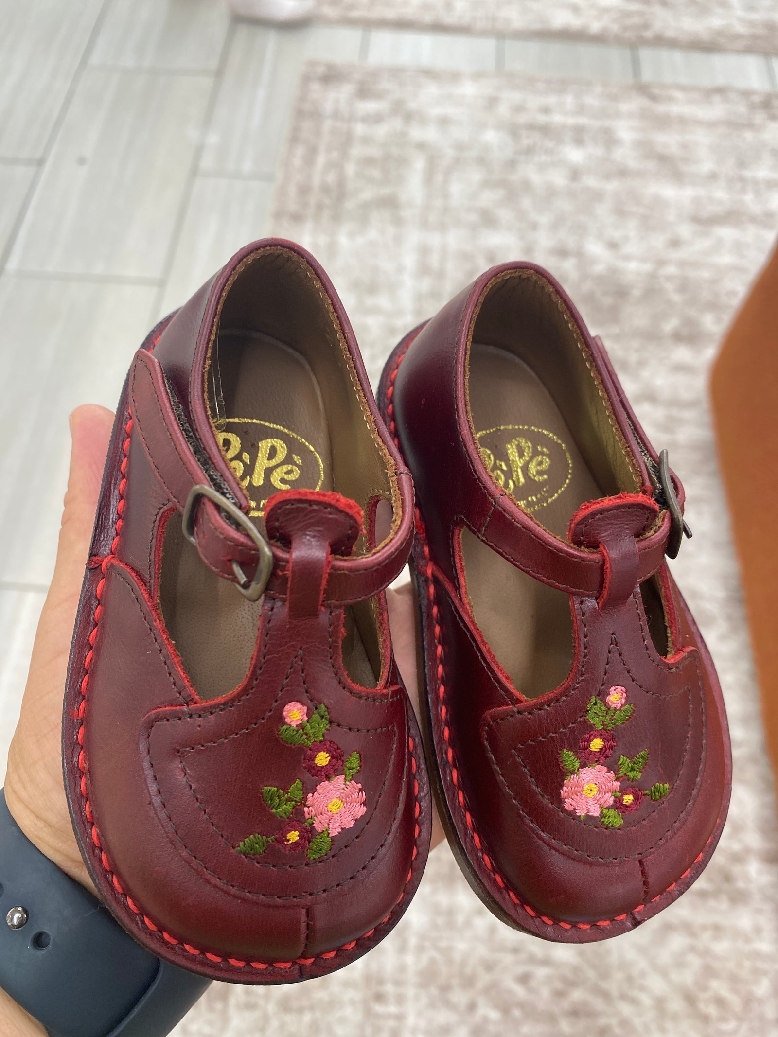 Pepe Dark Burgundy Embroidered Vintage T Strap-Tassel Children Shoes