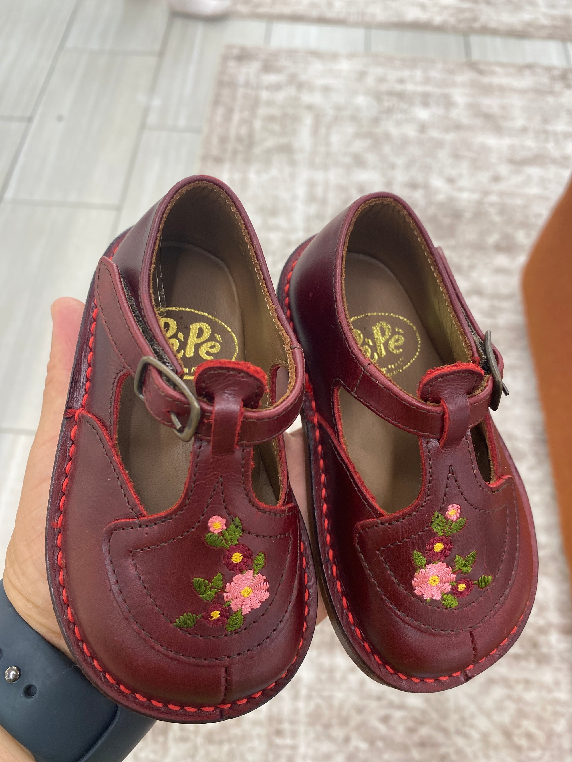 Pepe Dark Burgundy Embroidered Vintage T Strap-Tassel Children Shoes