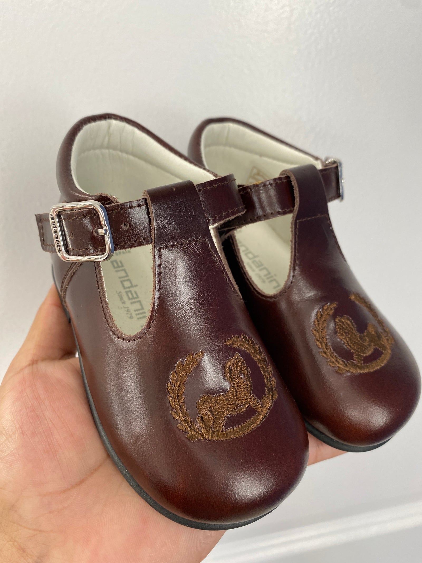 Andanines Brown Horse Embroidered T Strap Baby Shoe-Tassel Children Shoes