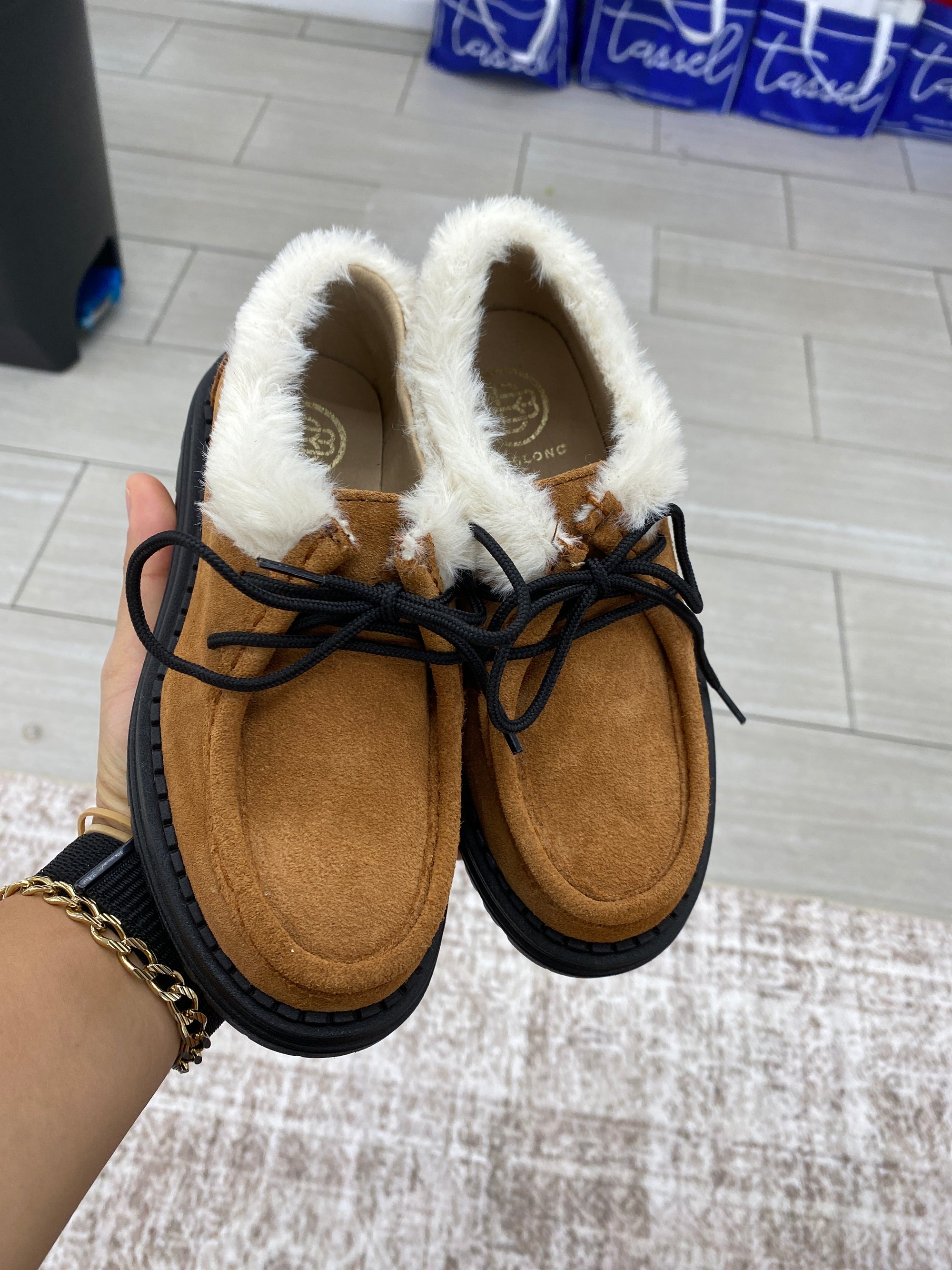 Blublonc Cognac Shearling Trim Oxford-Tassel Children Shoes