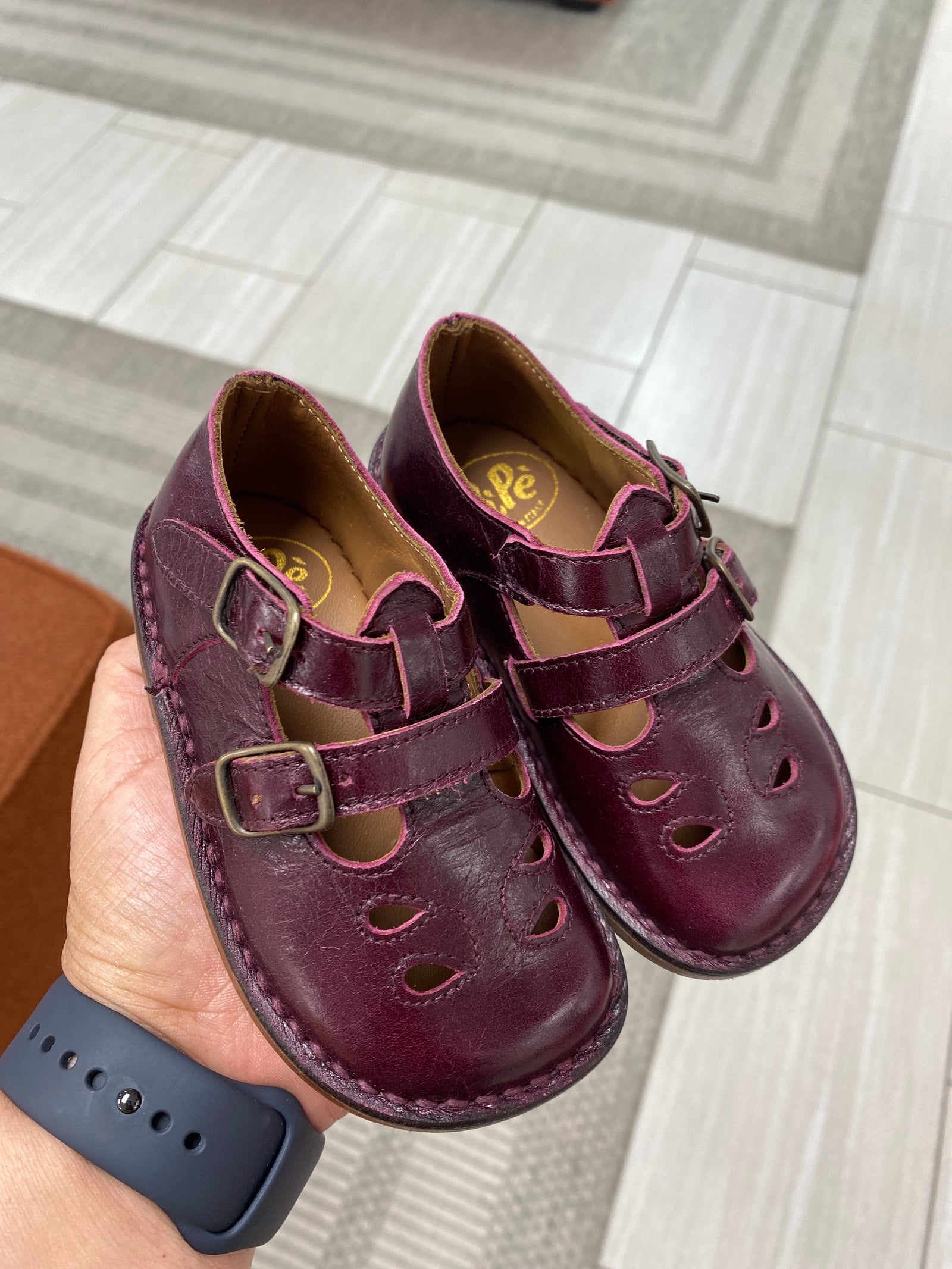 Pepe Burgundy Double Buckle T Strap-Tassel Children Shoes