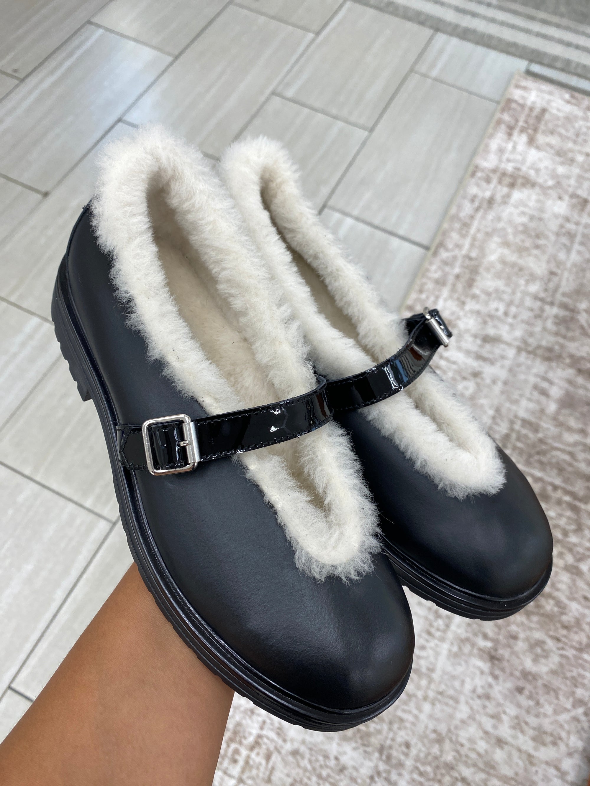 Rondinella Black Fur Trim Mary Jane-Tassel Children Shoes