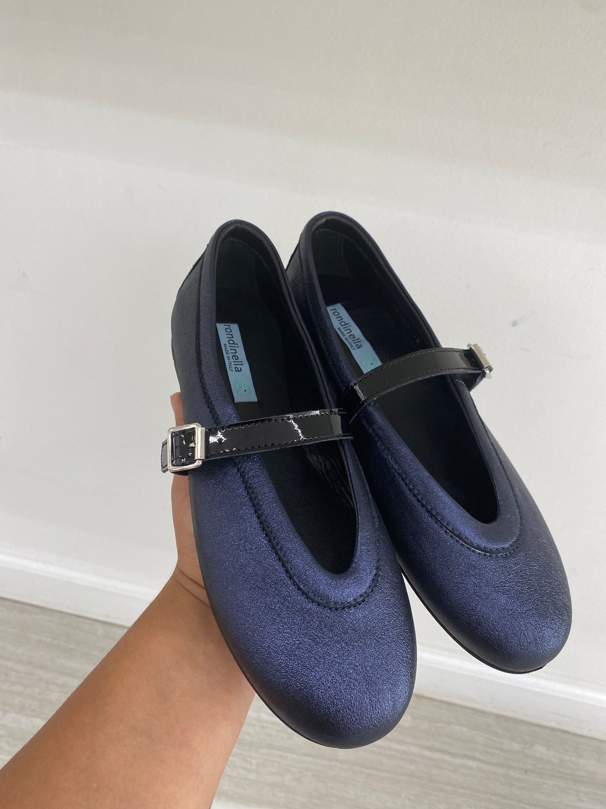 Rondinella Navy Shimmer Strap Flat-Tassel Children Shoes