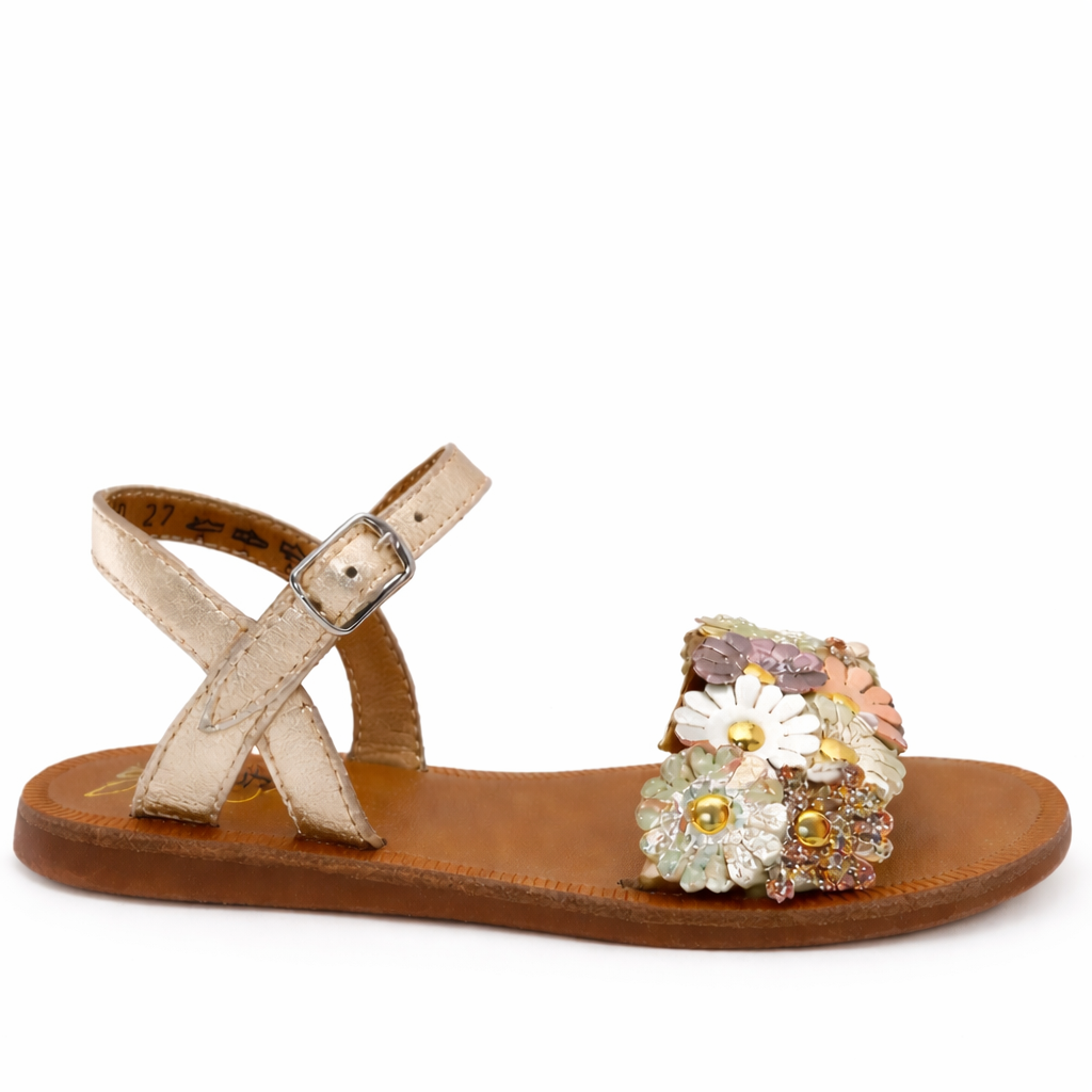 Pom D'Api Gold Flower Sandal-Tassel Children Shoes