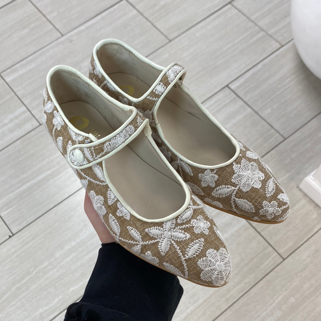 LMDI Taupe Floral Embroidered Pointed Mary Jany-Tassel Children Shoes