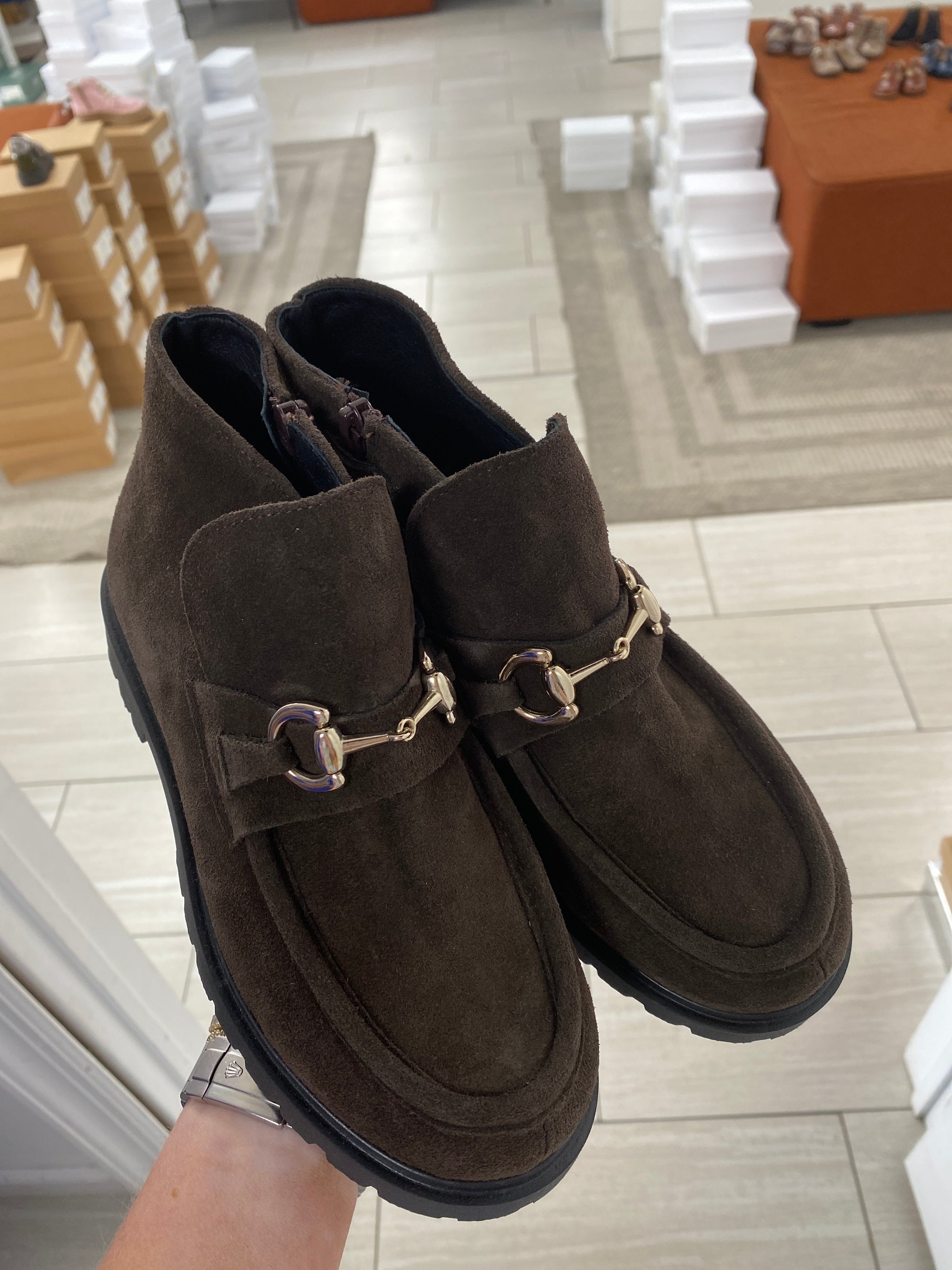 Spain+Co Brown Suede Horsebit Ankle Bootie