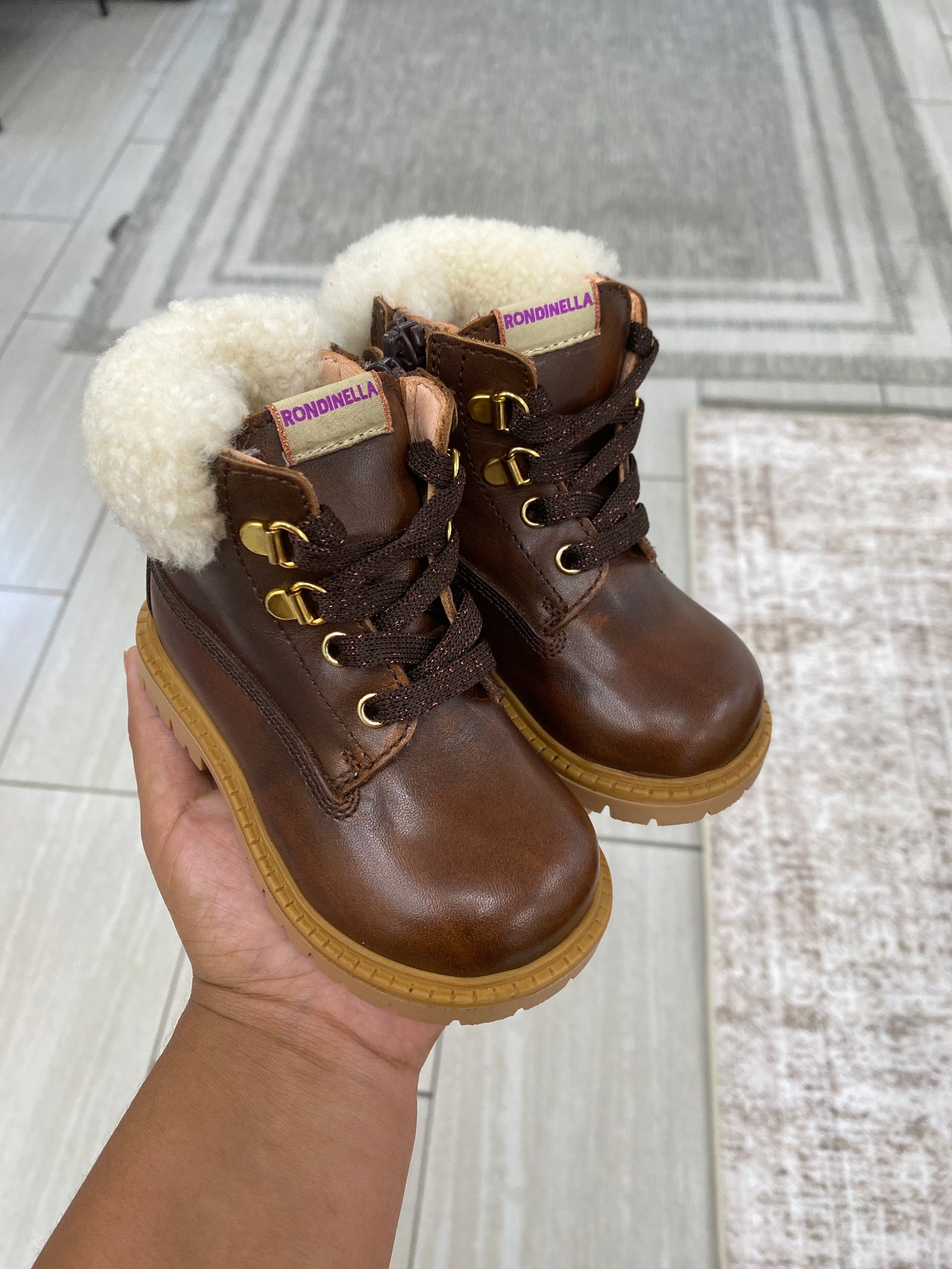 Rondinella Chocolate Leather Fur Trim Baby Bootie-Tassel Children Shoes