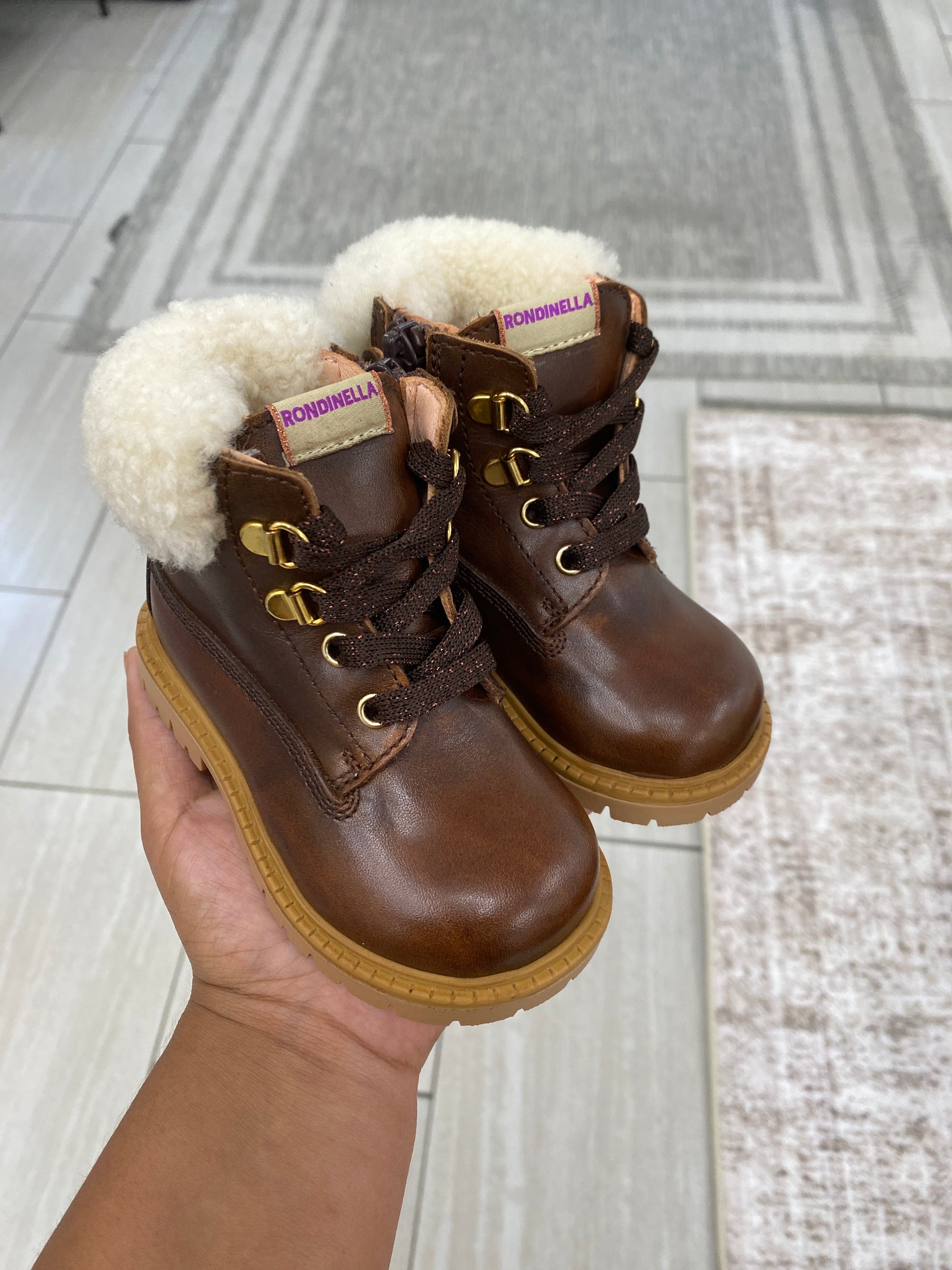 Rondinella Chocolate Leather Fur Trim Baby Bootie-Tassel Children Shoes