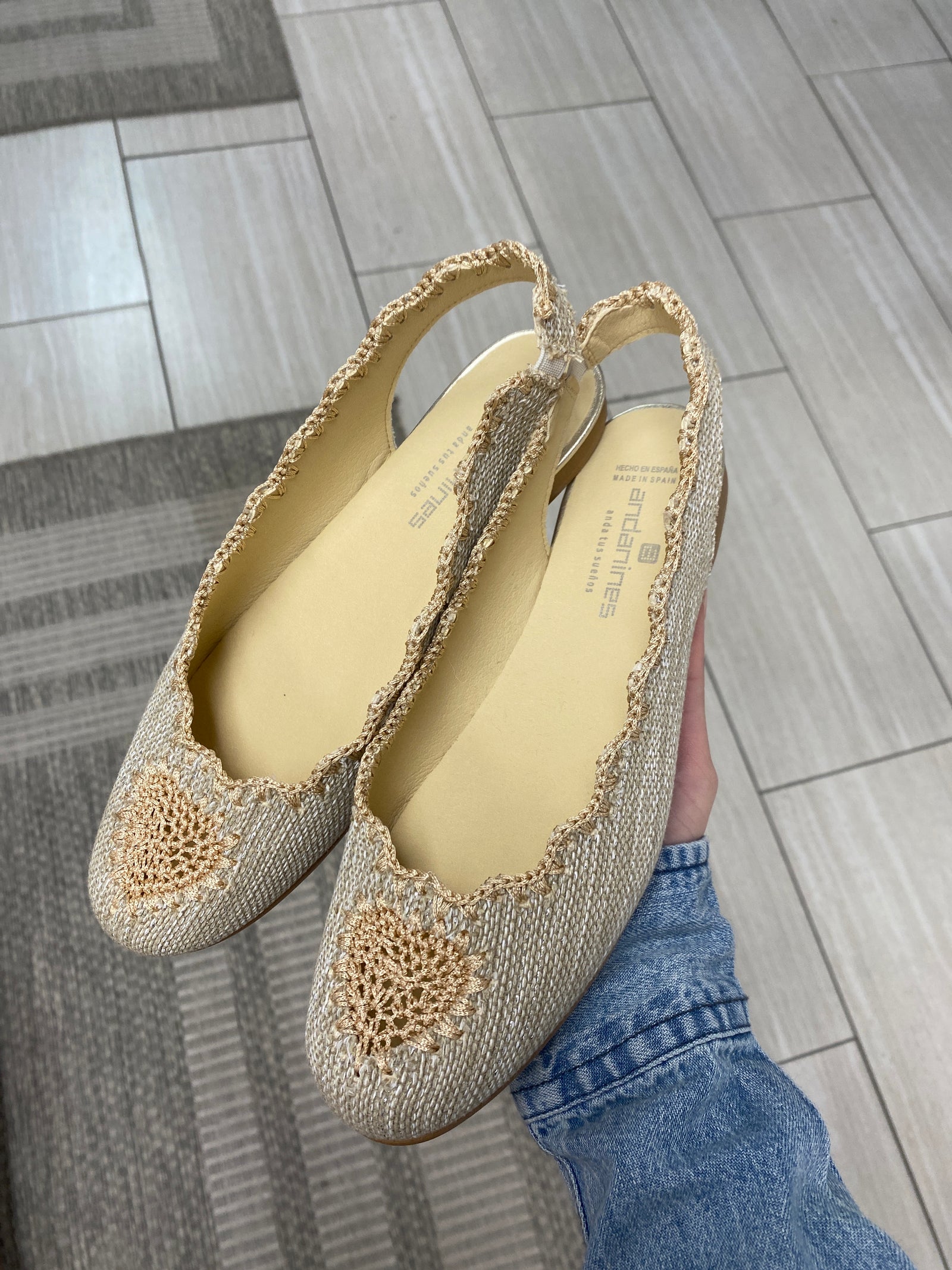 Andanines Gold Linen Heart Crochet Slingback-Tassel Children Shoes