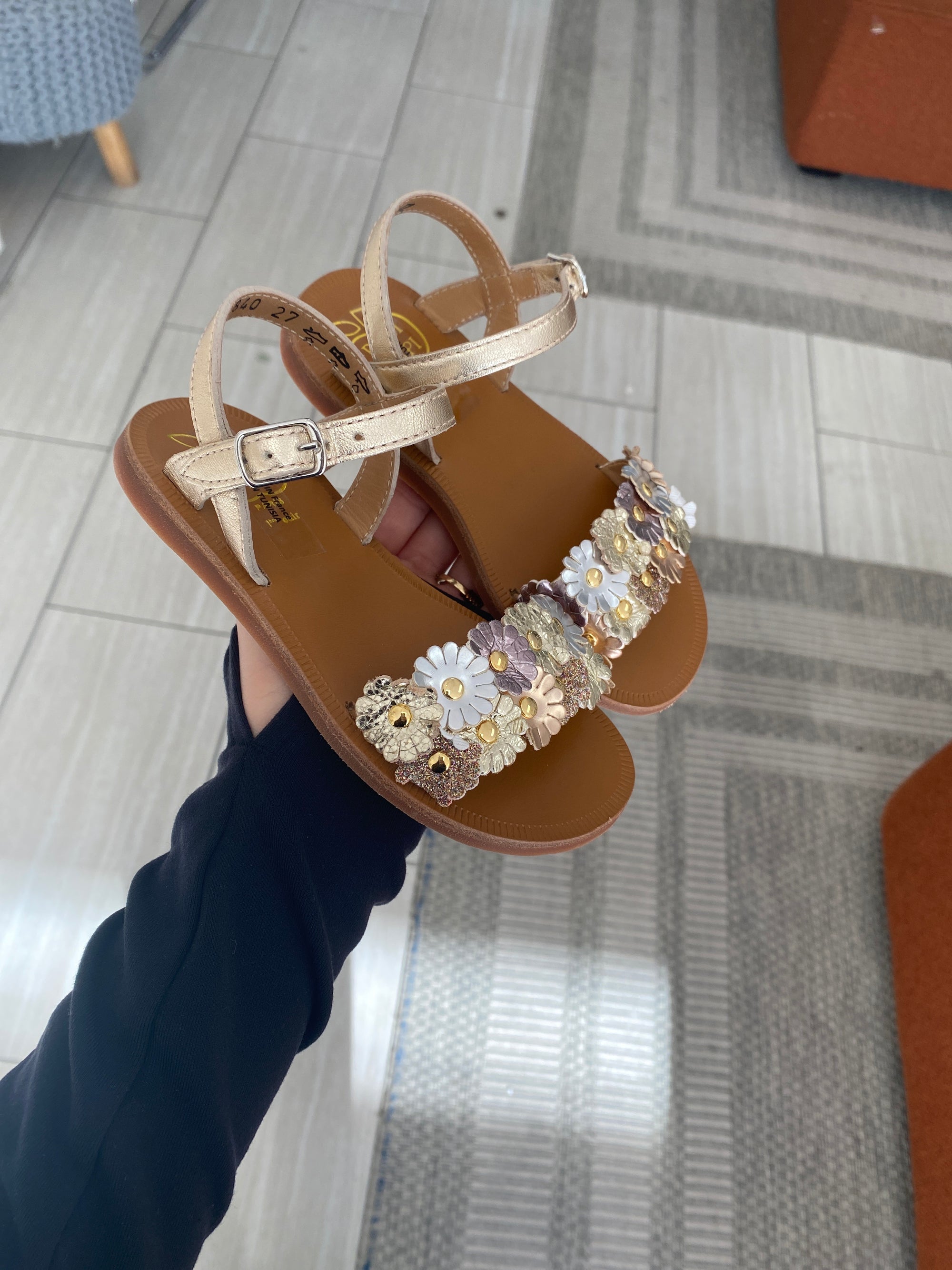 Pom D'Api Gold Flower Sandal-Tassel Children Shoes