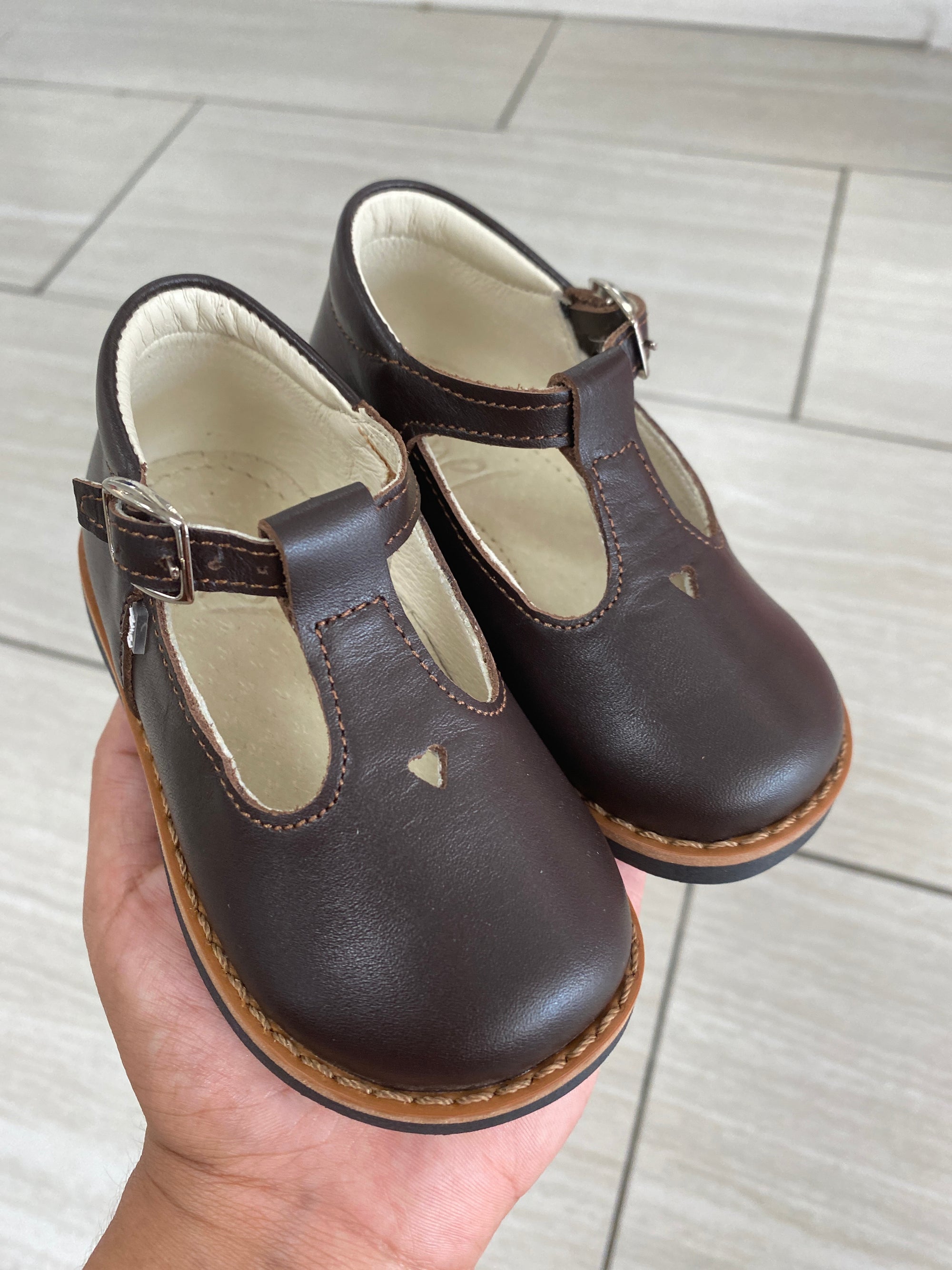 Emel Dark Brown Heart T Strap Baby Shoe-Tassel Children Shoes