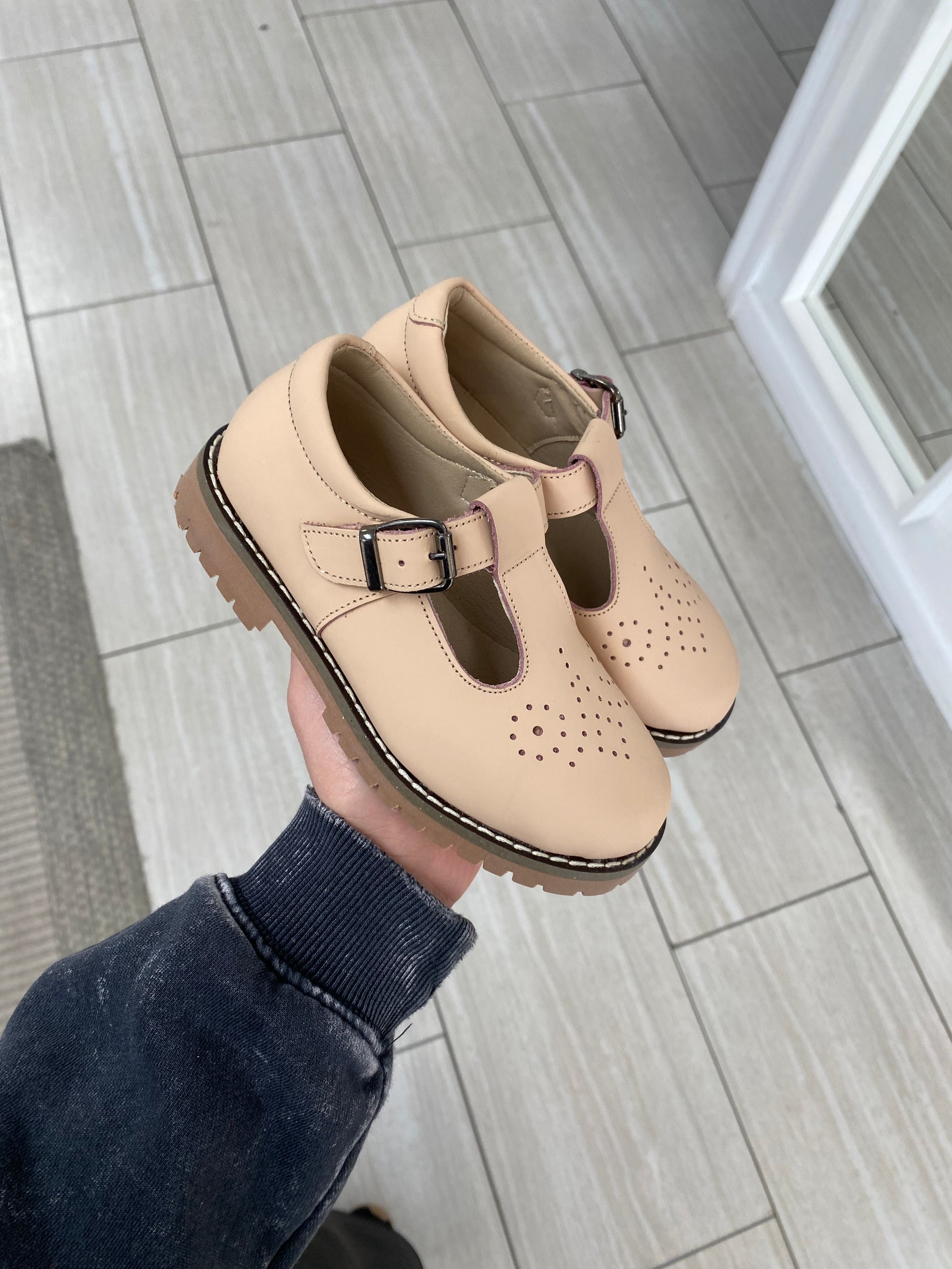 Blublonc Natural Rubber Perforated T Strap-Tassel Children Shoes