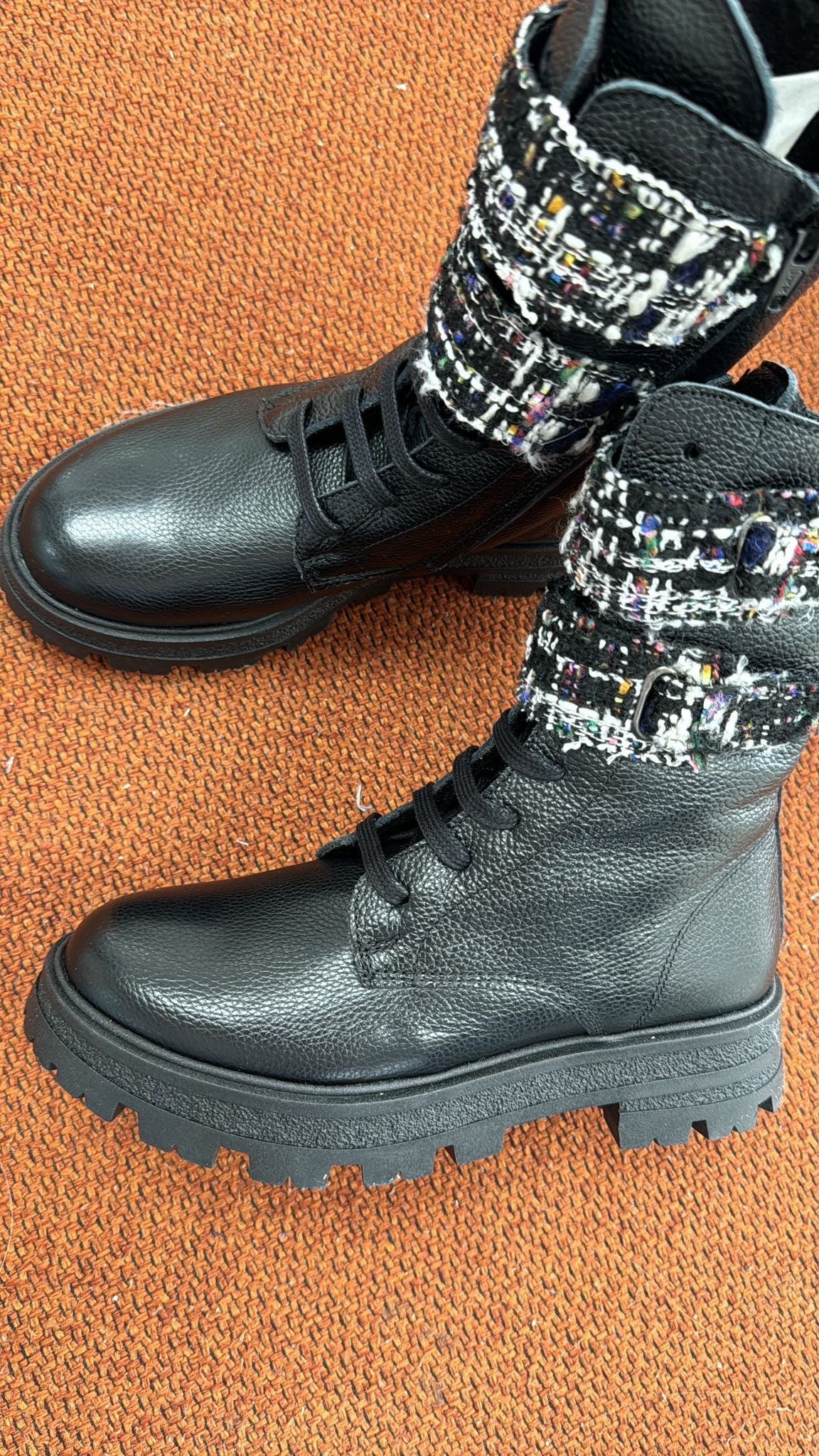 Blublonc Black Leather Tweed Velcro Boot-Tassel Children Shoes