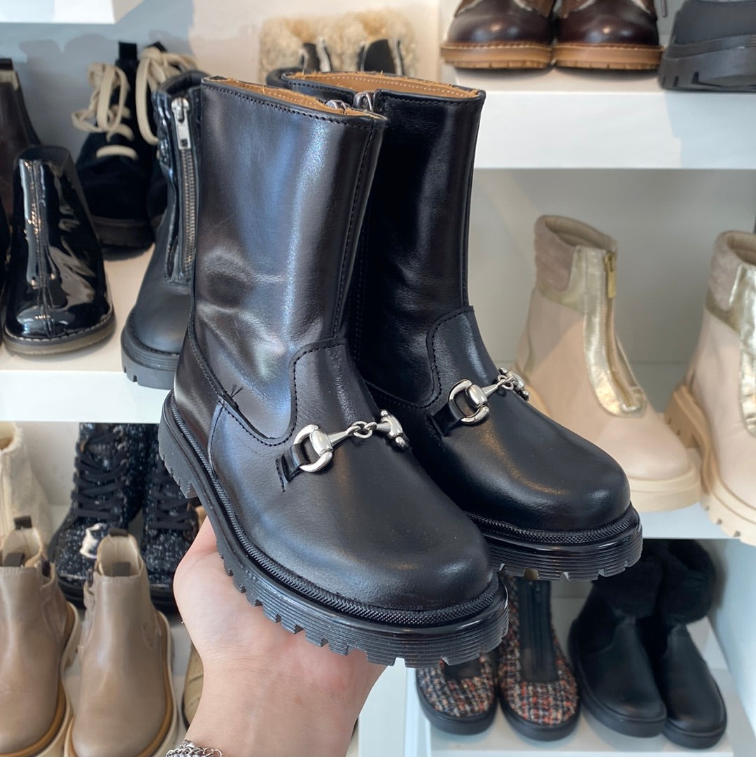 Papanatas Black Leather Buckle Boot-Tassel Children Shoes