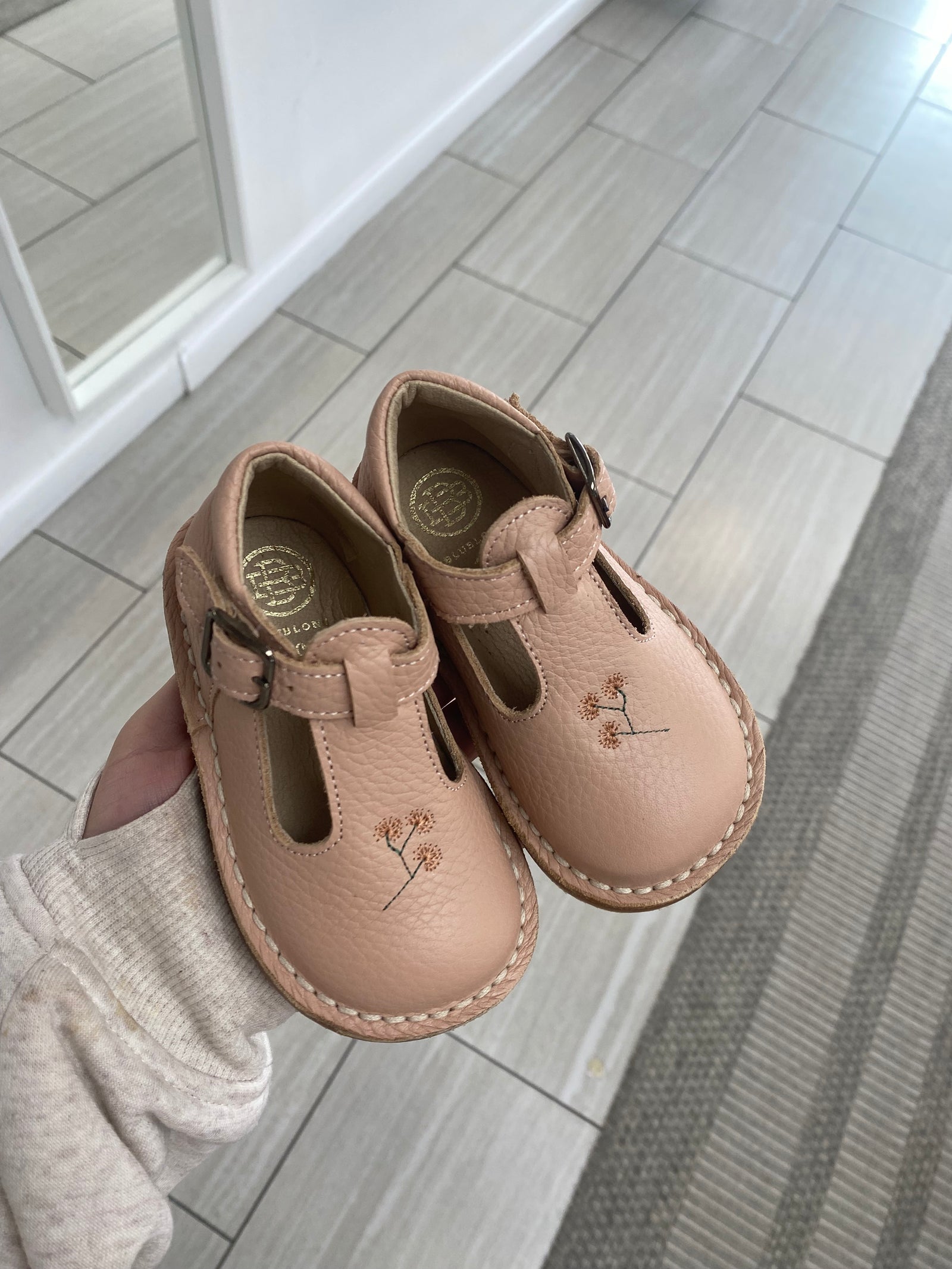 Blublonc Peach Embroidered Baby T Strap-Tassel Children Shoes
