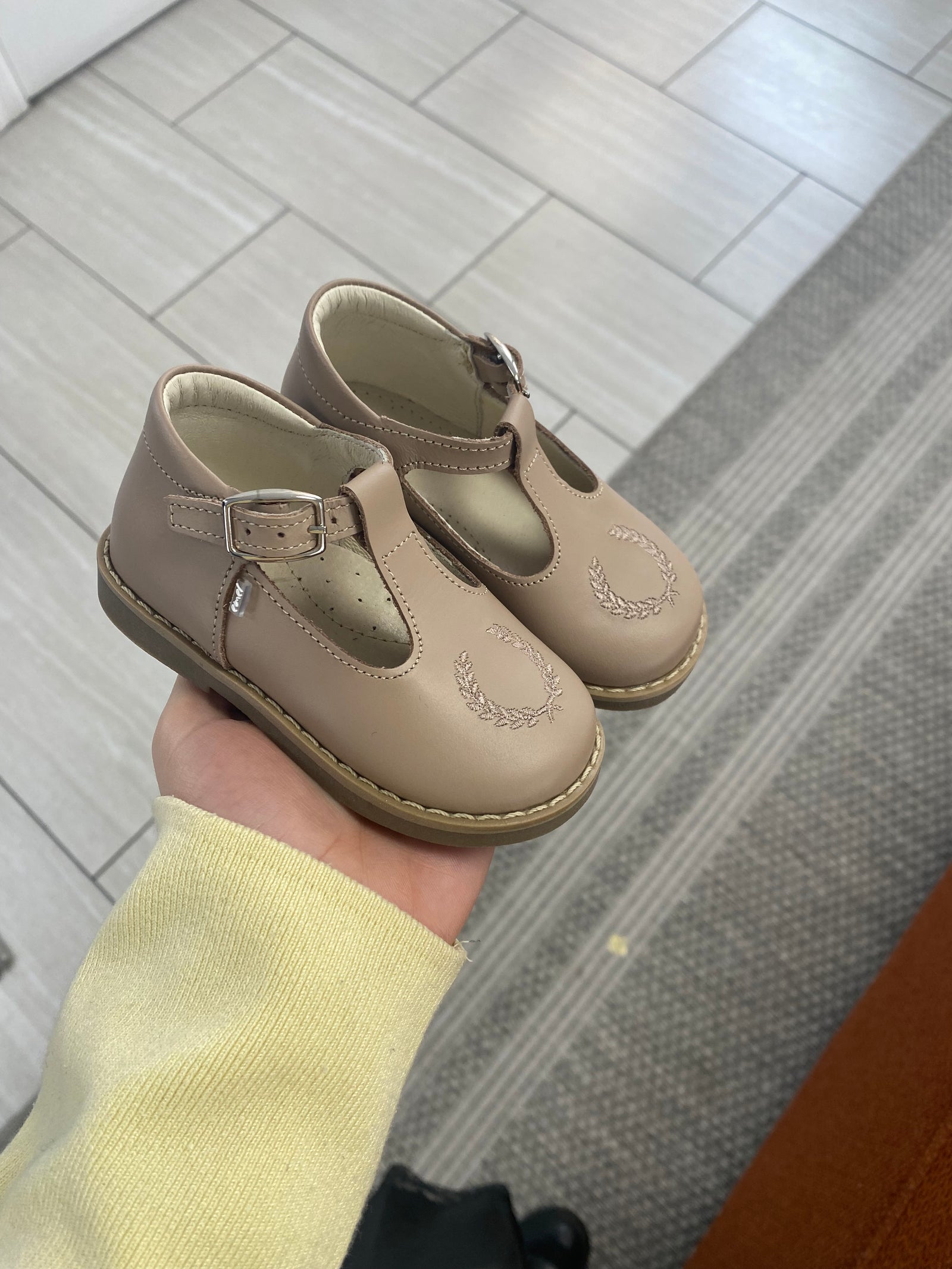 Emel Stone Taupe Crest Baby T Strap-Tassel Children Shoes