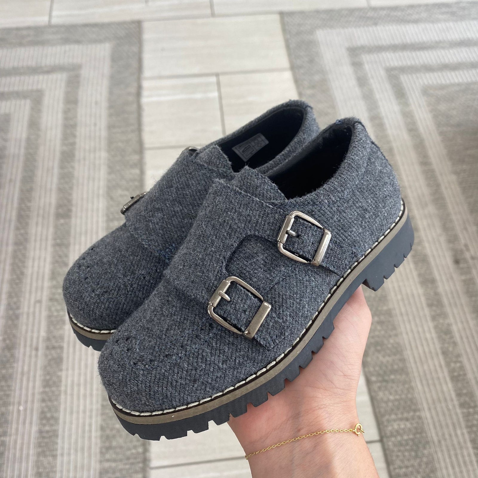 Blublonc Gray Flannel Double Monk Wingtip Shoe-Tassel Children Shoes
