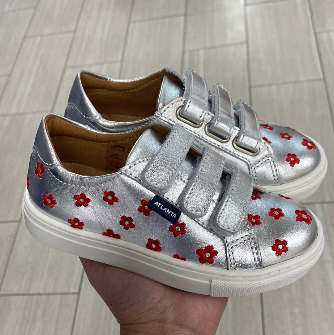 Atlanta Mocassin Silver and Red Flower Velcro Sneaker-Tassel Children Shoes