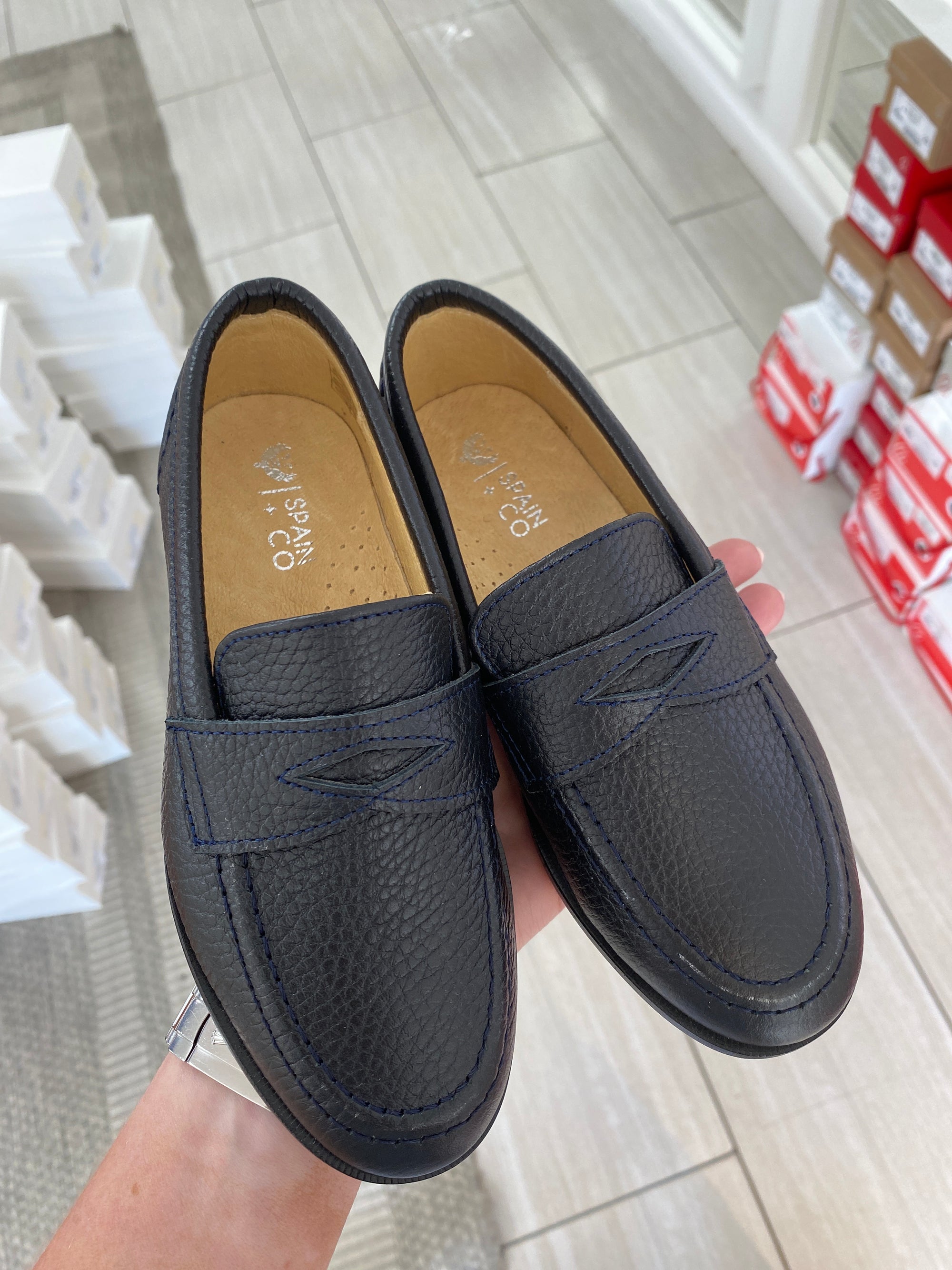 Spain+Co Navy Pebbled Penny Dress Loafer