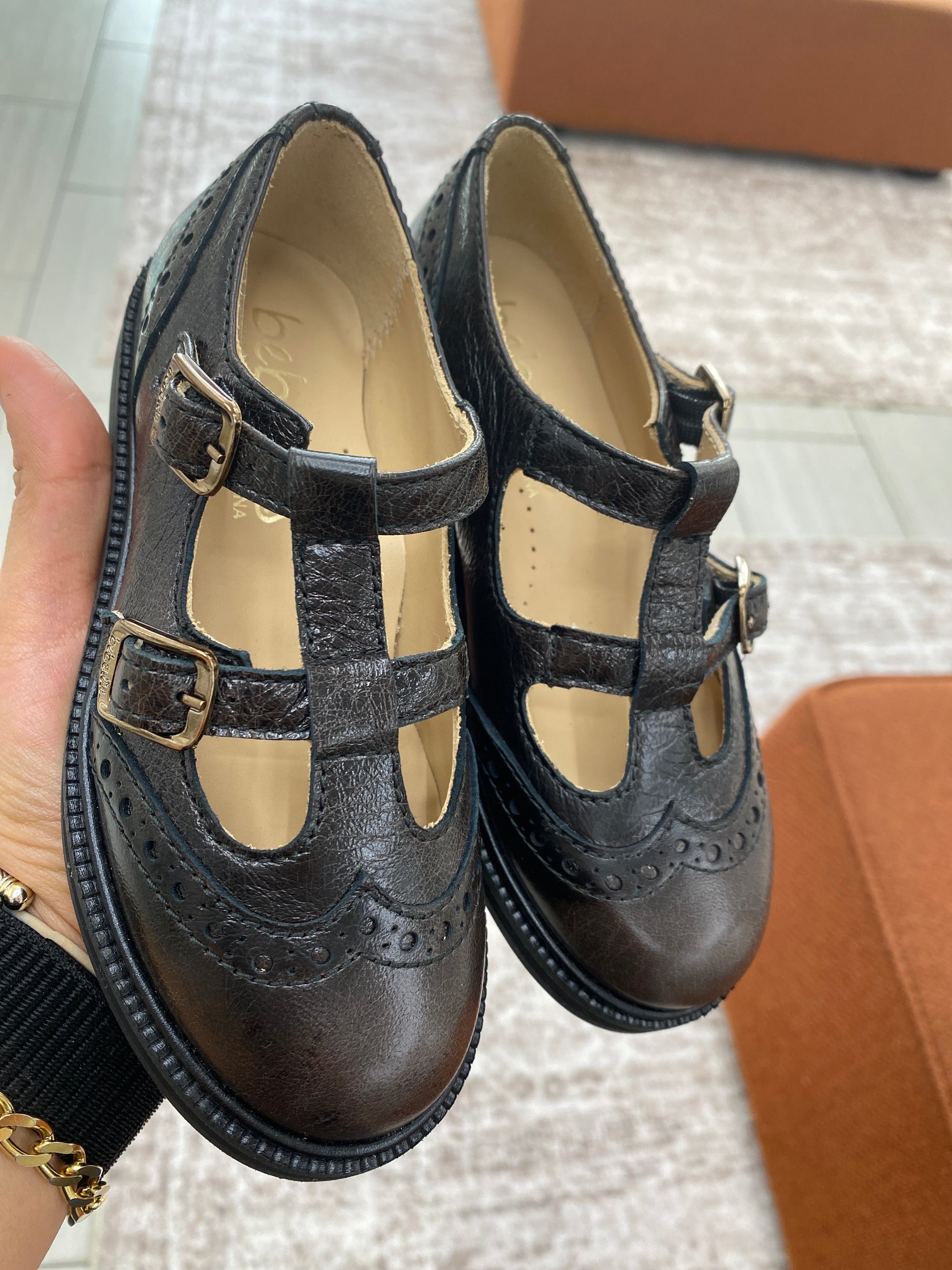 Beberlis Dark Brown Double T Strap-Tassel Children Shoes