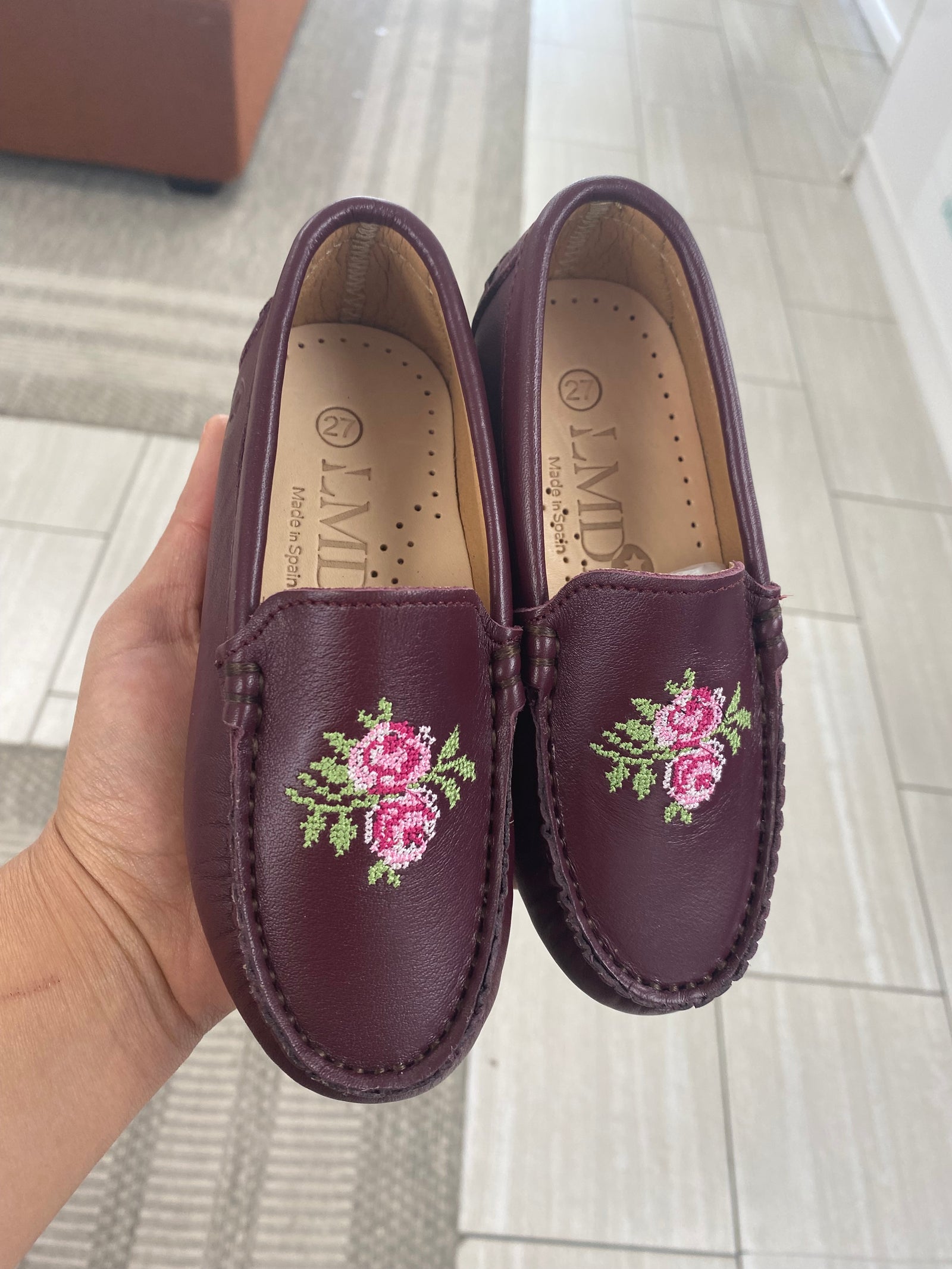 LMDI Burgundy Flower Embroidered Loafer-Tassel Children Shoes