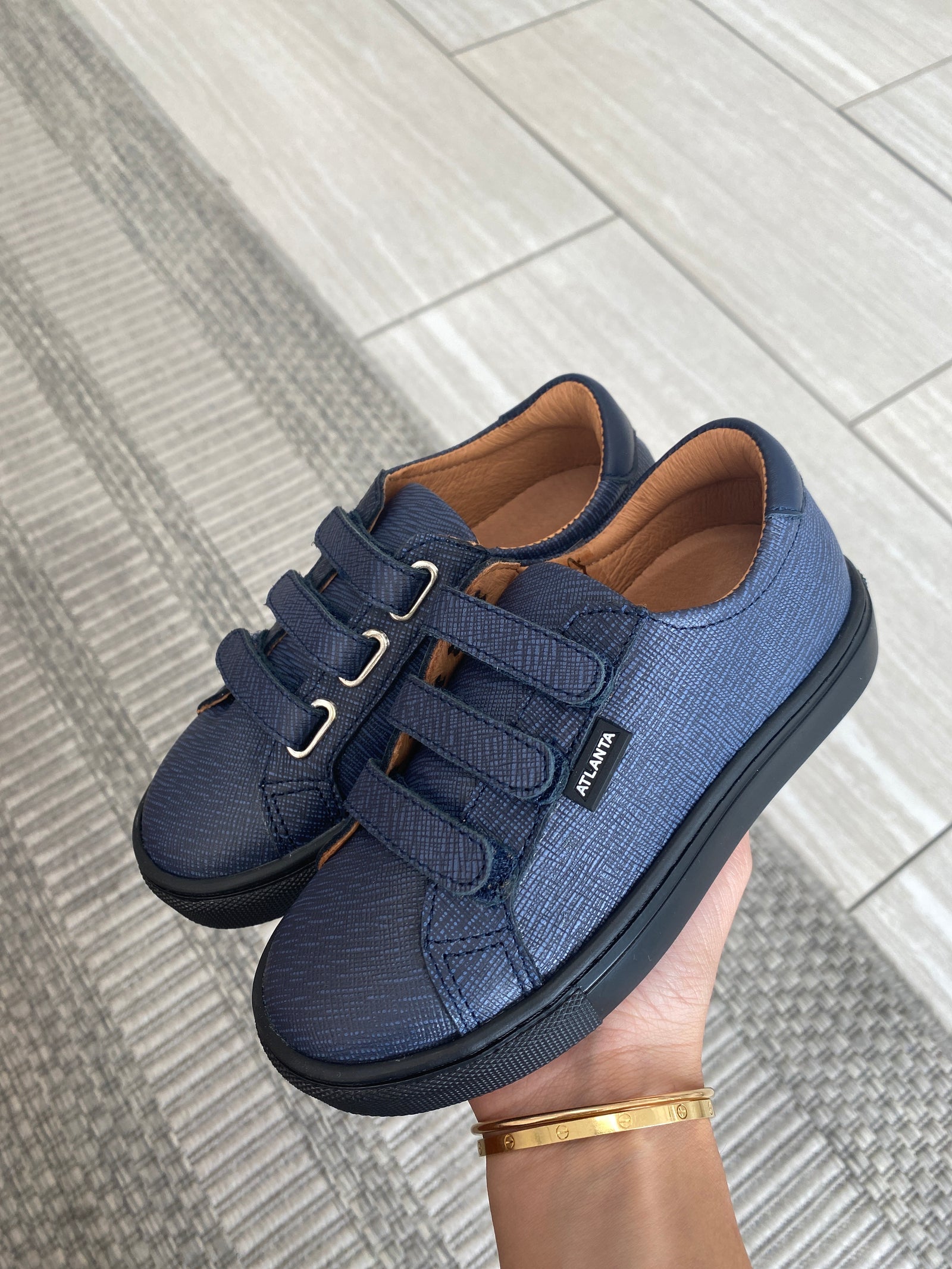 Atlanta Mocassin Navy Textured Velcro Sneaker-Tassel Children Shoes