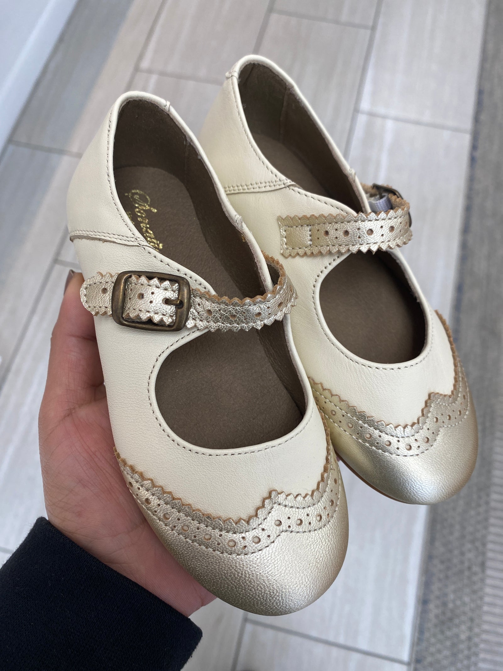 Sonatina Cream and Gold Wingtip Mary Jane-Tassel Children Shoes