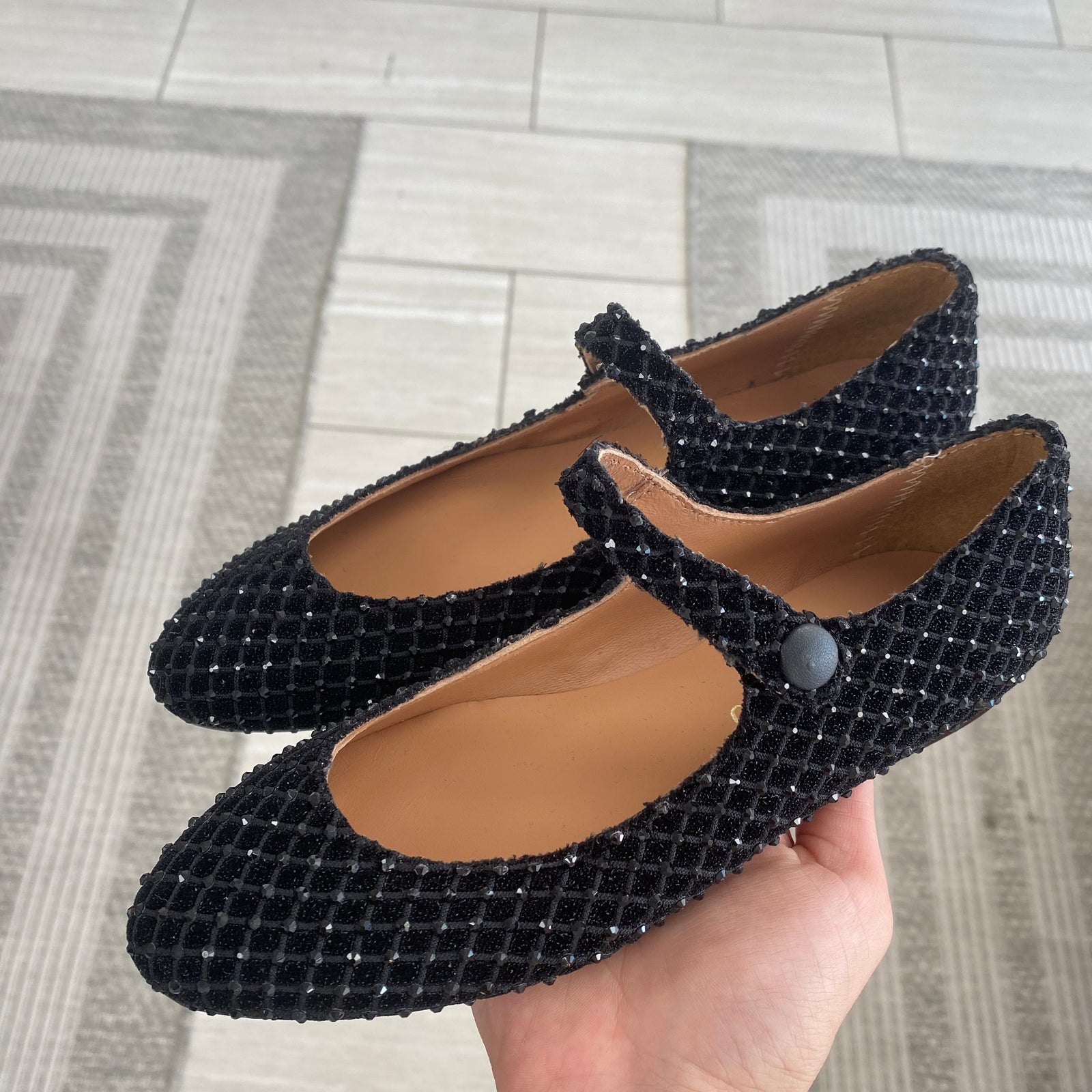 Papanatas Black Rhinestone Pointed Mary Jane-Tassel Children Shoes