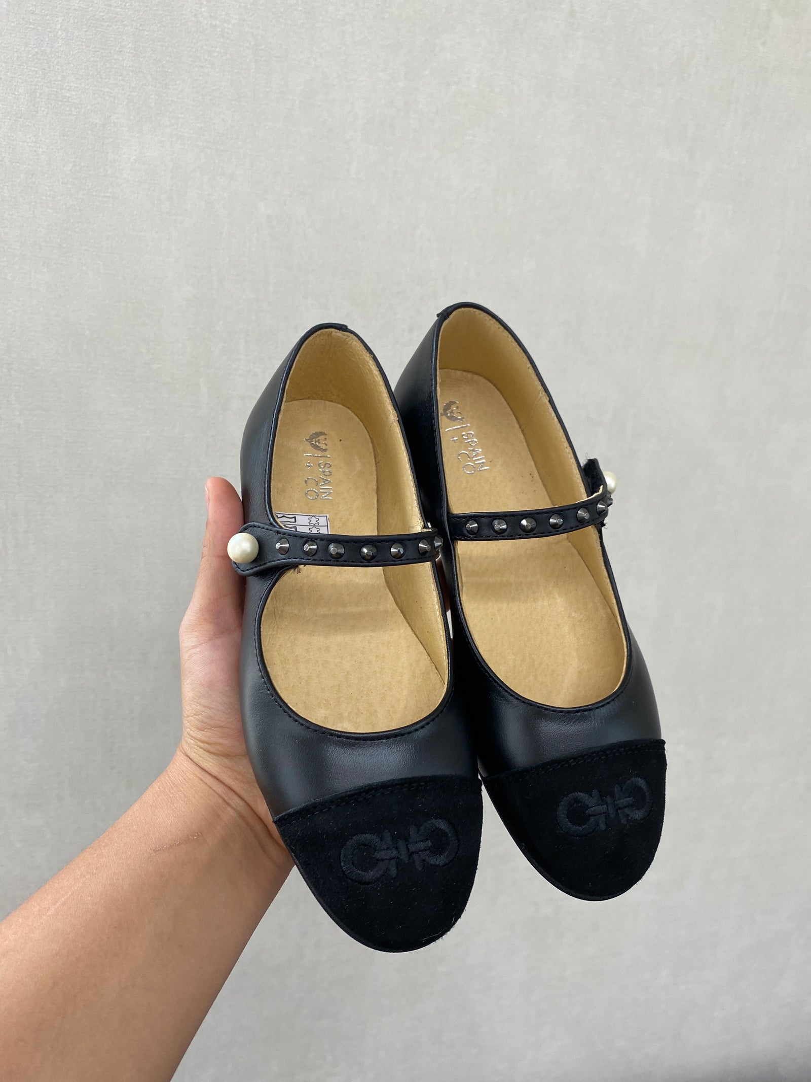 Spain+Co Black Studded Pearl Mary Jane-Tassel Children Shoes