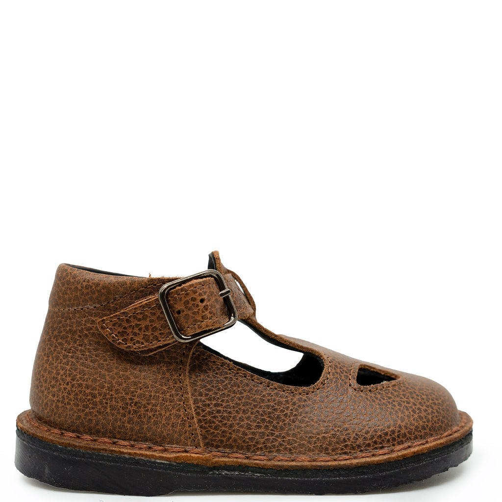 Blublonc Brown Pebbled Perforated Baby T Strap-Tassel Children Shoes