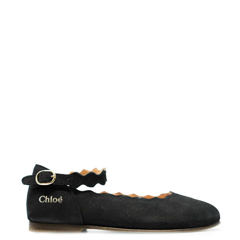 Chloe Black Suede Scalloped Mary Jane-Tassel Children Shoes