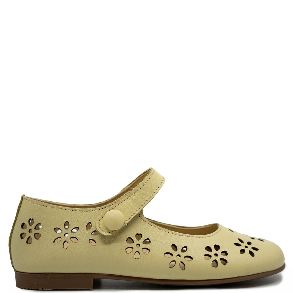 Andanines Pastel Yellow Flower Cut Mary Jane-Tassel Children Shoes