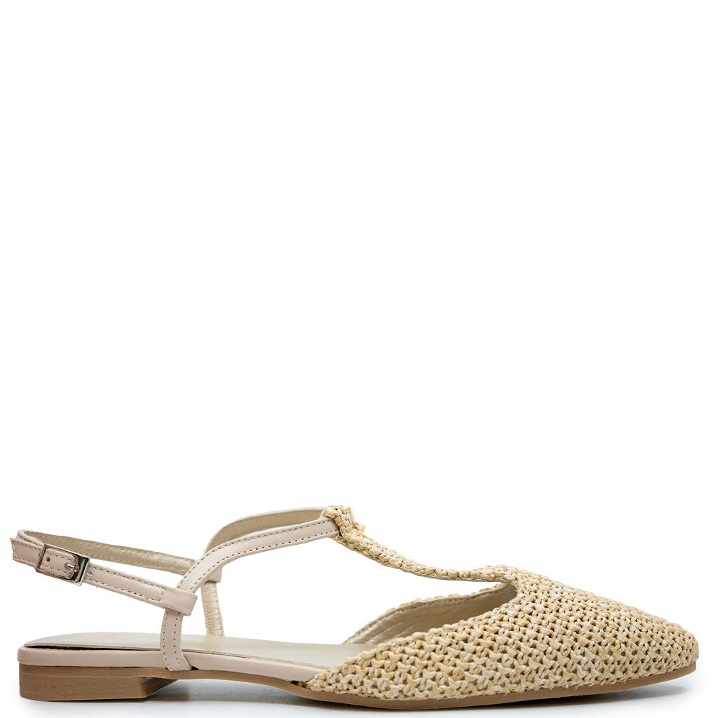 Manuela Beige Crochet Pointed T Strap-Tassel Children Shoes