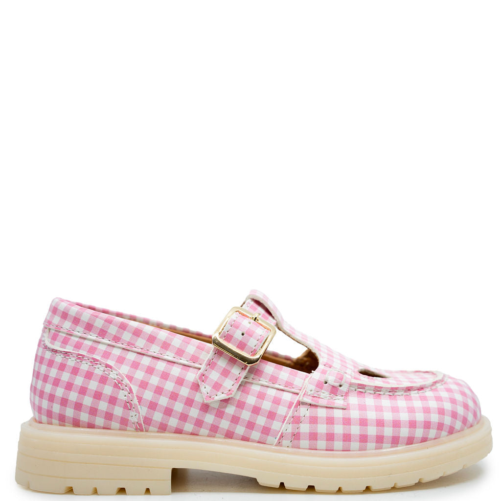 Rondinella Pink Gingham T Strap Loafer-Tassel Children Shoes