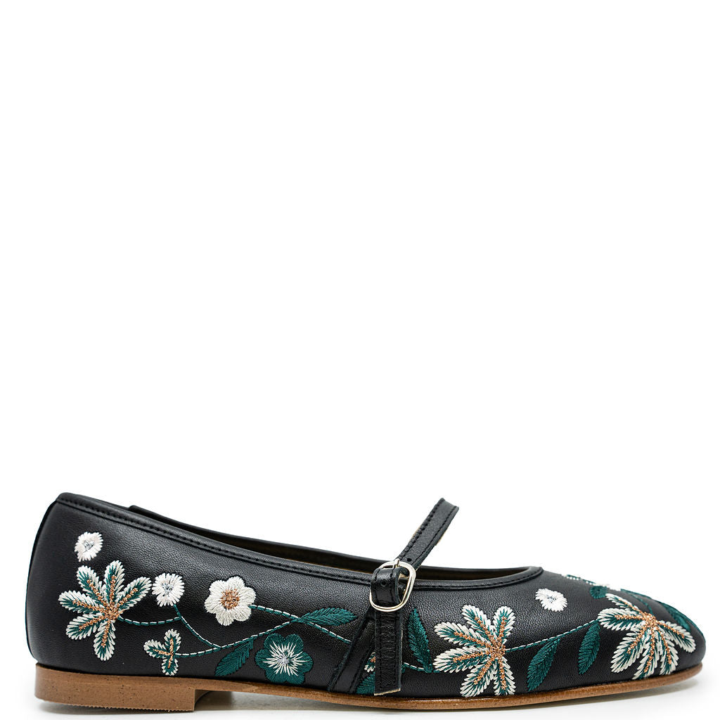 Spain+Co Black Floral Embroidered Strap Flat-Tassel Children Shoes