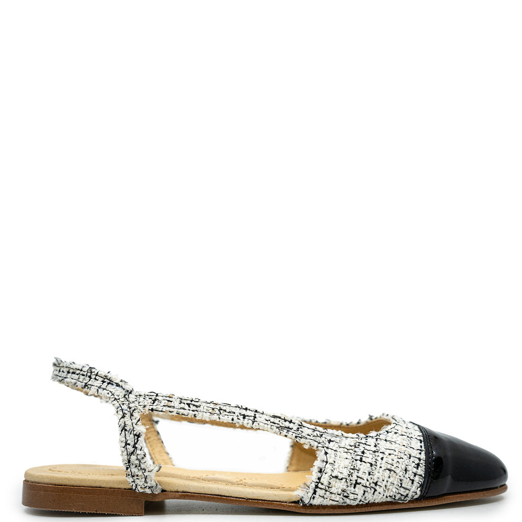 Spain+Co Black and White Tweed Captoe Slingback-Tassel Children Shoes