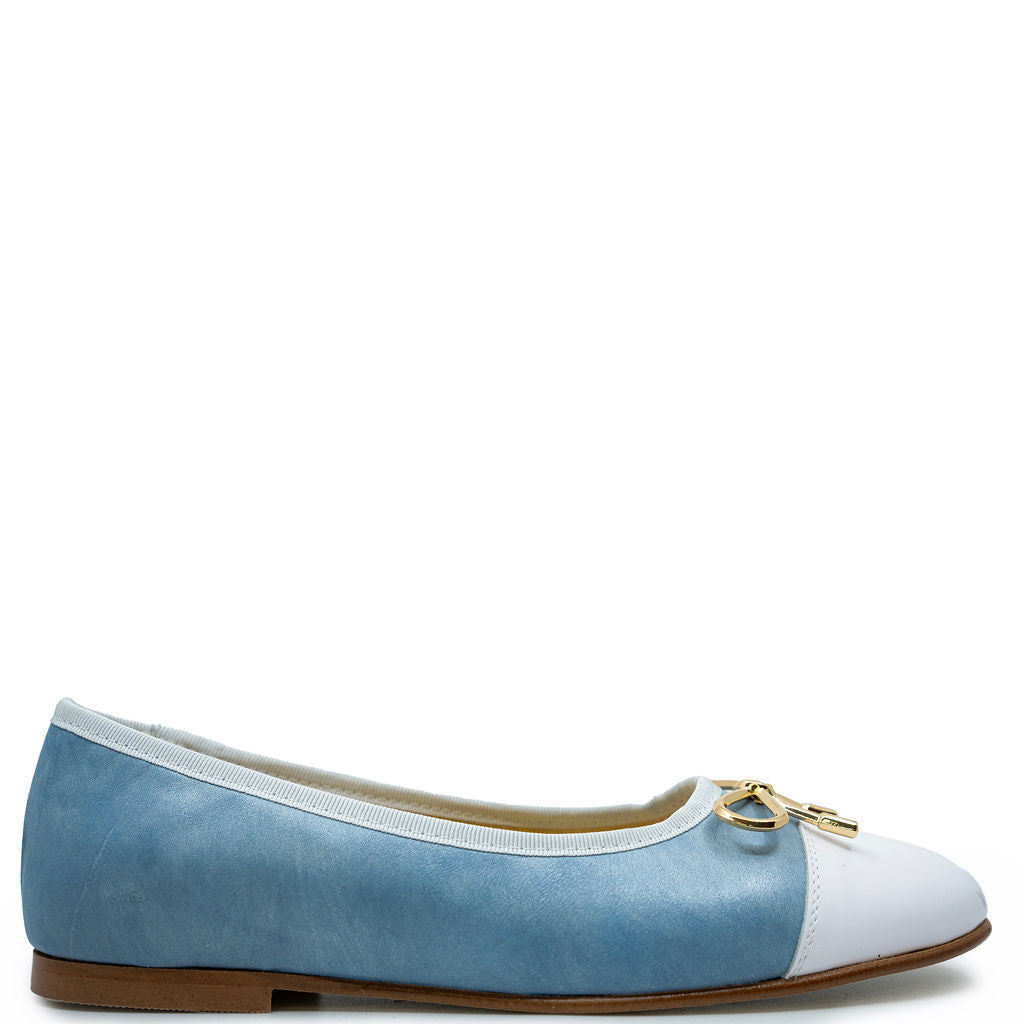 Spain+Co Sky and White Metal Bow Flat-Tassel Children Shoes