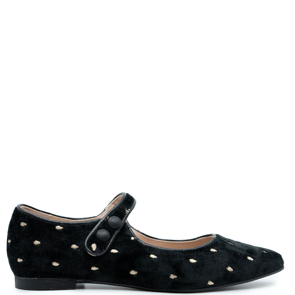 LMDI Black Velvet Dot Pointed Mary Jane-Tassel Children Shoes